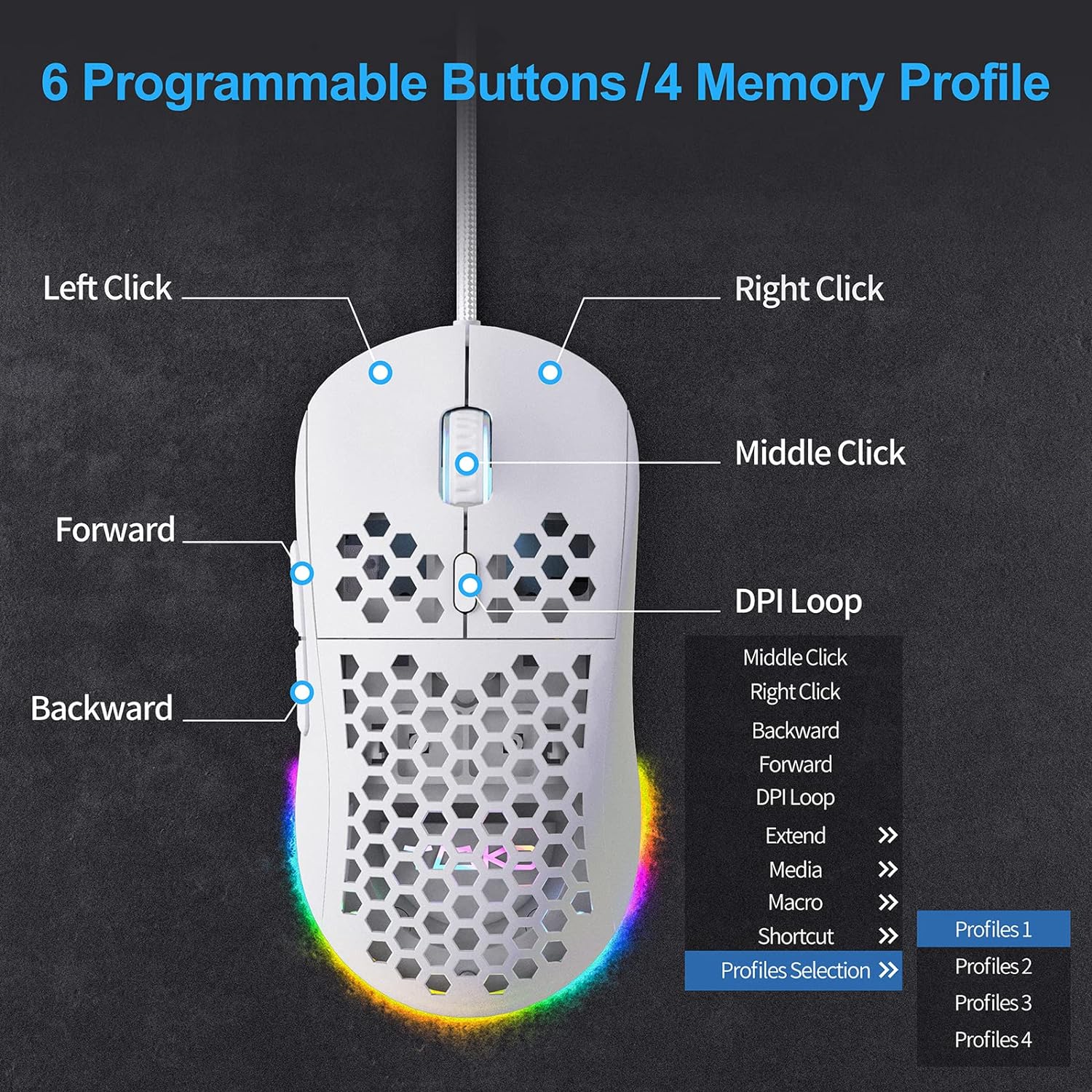 TMKB Falcon M1SE Ultralight Honeycomb Gaming Mouse, High-Precision 12800DPI Optical Sensor, 6 Programmable Buttons, Customizable RGB, Drag-Free Paracord, Ergonomic, Wired - Matte White-2