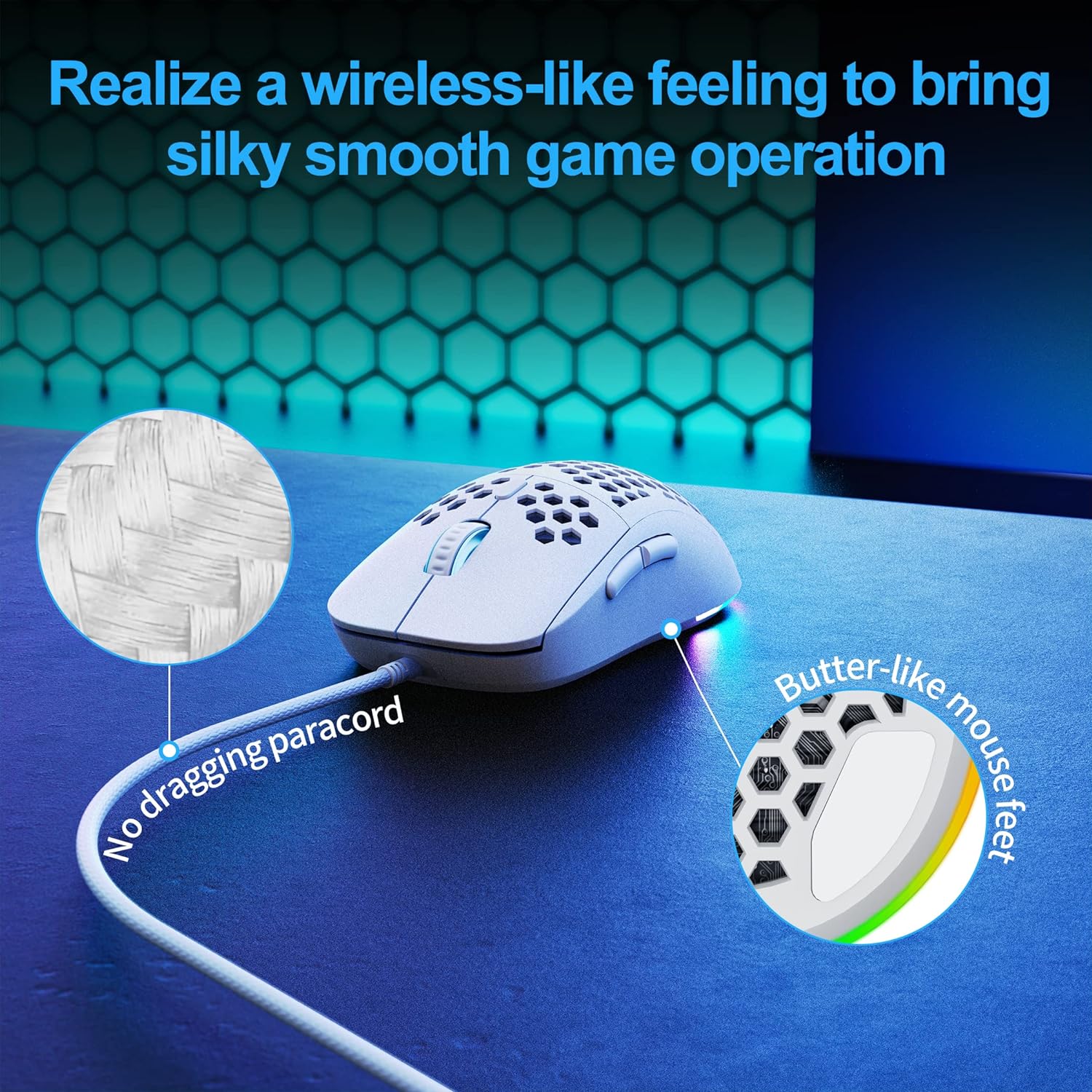 TMKB Falcon M1SE Ultralight Honeycomb Gaming Mouse, High-Precision 12800DPI Optical Sensor, 6 Programmable Buttons, Customizable RGB, Drag-Free Paracord, Ergonomic, Wired - Matte White-4