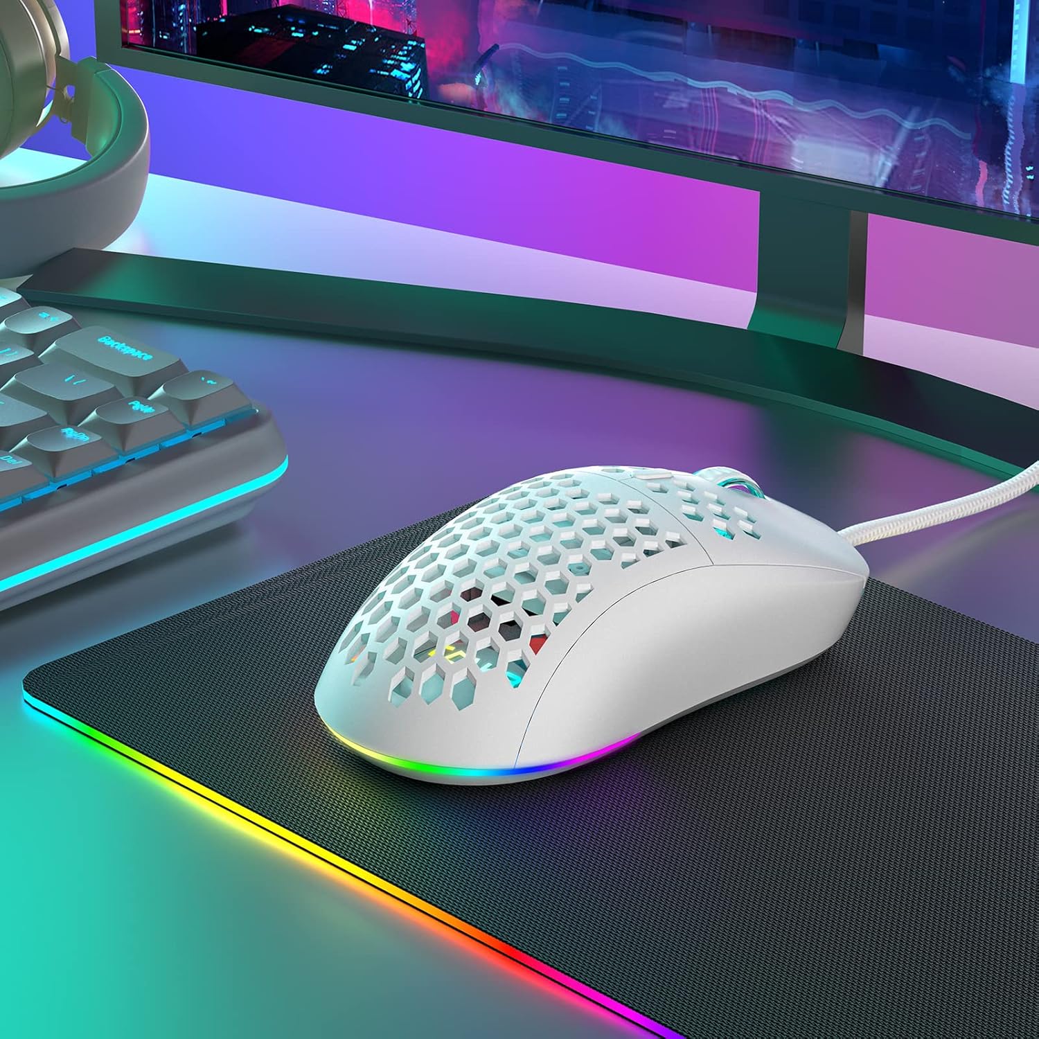 TMKB Falcon M1SE Ultralight Honeycomb Gaming Mouse, High-Precision 12800DPI Optical Sensor, 6 Programmable Buttons, Customizable RGB, Drag-Free Paracord, Ergonomic, Wired - Matte White-7