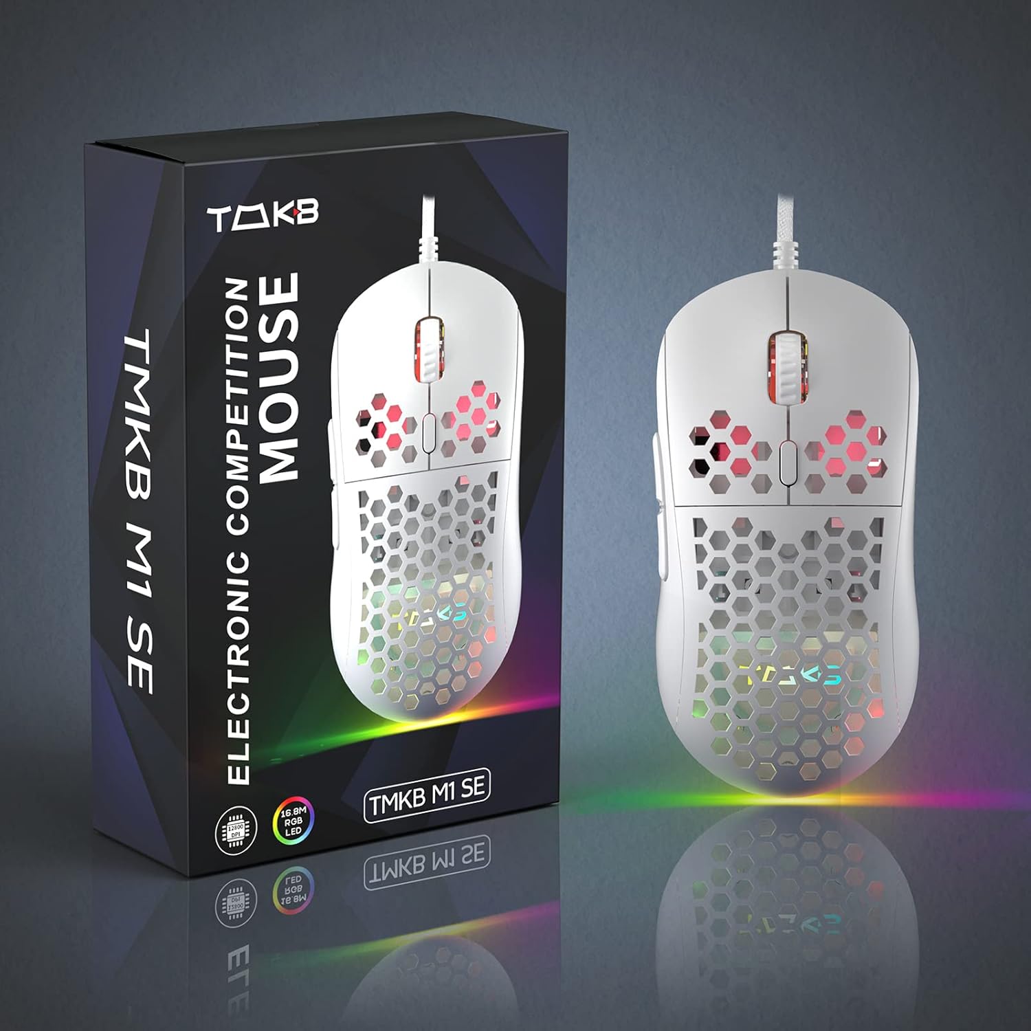 TMKB Falcon M1SE Ultralight Honeycomb Gaming Mouse, High-Precision 12800DPI Optical Sensor, 6 Programmable Buttons, Customizable RGB, Drag-Free Paracord, Ergonomic, Wired - Matte White-8