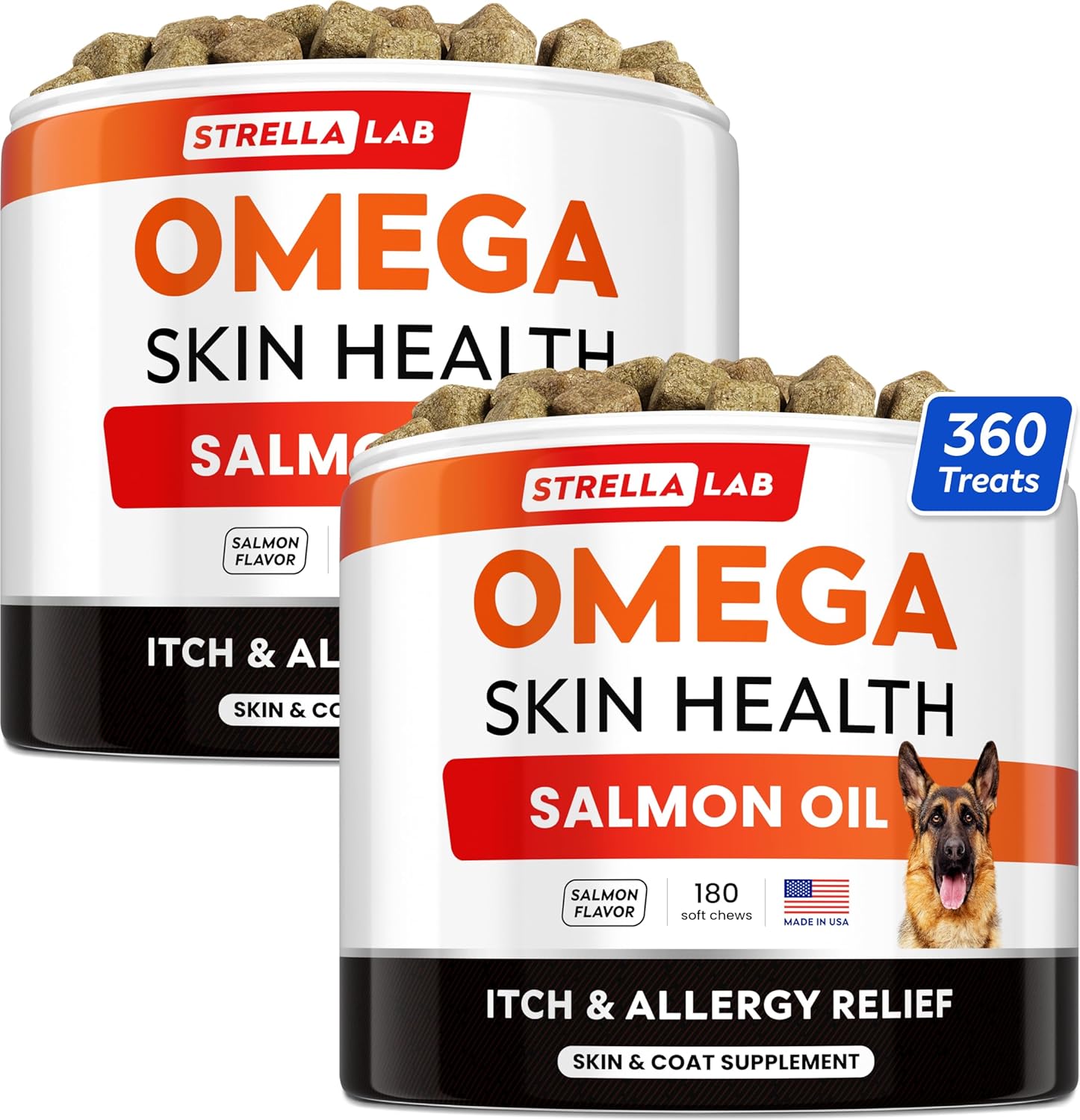 STRELLALAB Omega 3 for Dogs - (360Ct) Fish Oil Treats - Allergy & Itch Relief Skin&Coat Supplement - Dry Itchy Skin, Shedding, Hot Spots Treatment, Anti Itch - Pet Salmon Oil Chews - Salmon Flavor-0