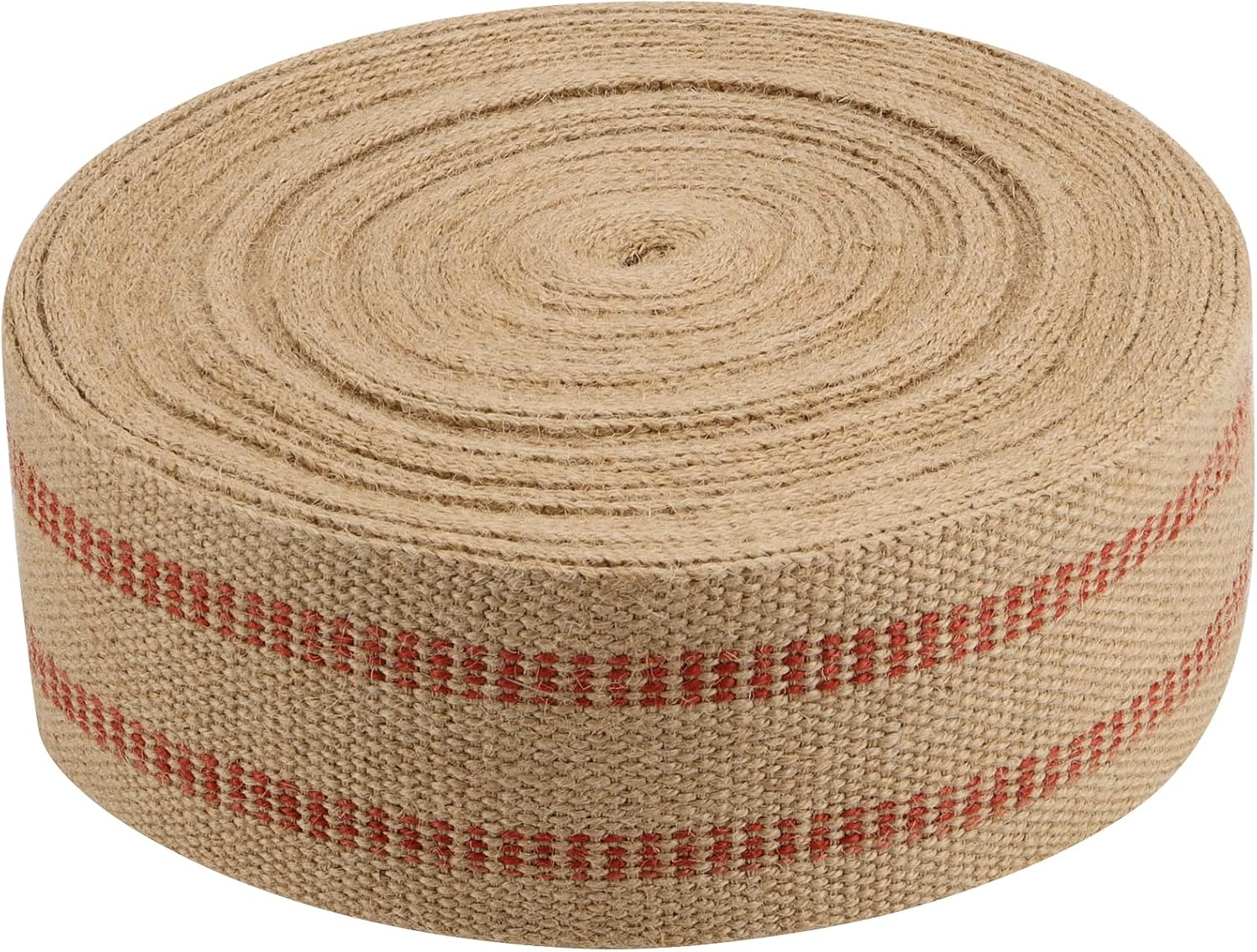 KEILEOHO 3.5 Inches x 33 Yards Upholstery/Craft Jute Webbing, Natural Chair Webbing with Red Stripes, Burlap Fabric Webbing Tape for Craft, Decoration, Furniture Repair-0