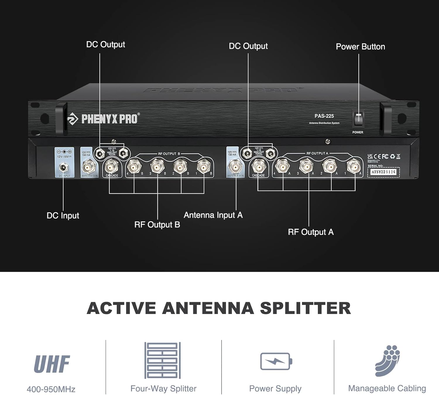 Phenyx Pro PAS-225X UHF Wireless Antenna Distribution System Bundle, Active Directional Antennas, 8 Outputs + 2 Cascade Ports, 160ft Long Coverage, for Stages and Live Shows-1