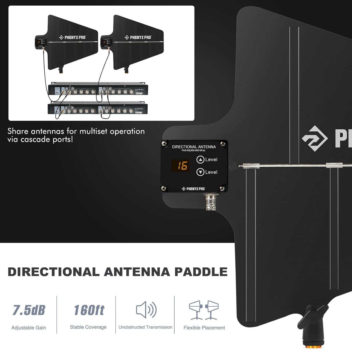 Phenyx Pro PAS-225X UHF Wireless Antenna Distribution System Bundle, Active Directional Antennas, 8 Outputs + 2 Cascade Ports, 160ft Long Coverage, for Stages and Live Shows-2