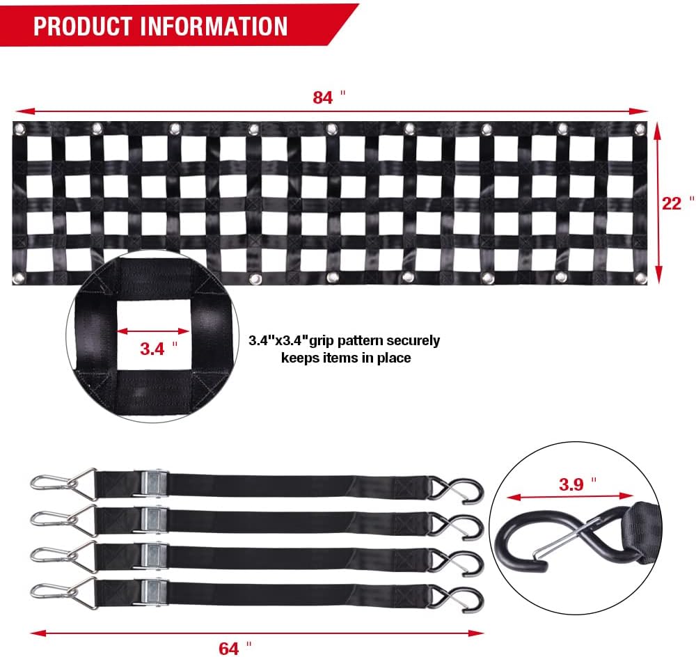 SurmountWay Heavy Duty Tailgate Cargo Net for Truck Bed, Durable&Rugged Tailgate Net, Extendable&Adjustable Truck Bed Cargo Net, Suitable for Truck, Trailer, Pickup, Jeep, SUV, Boat and So on(84"x20")-2