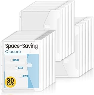 Sooez 30 Pack Binder Folders with Space-Saving Closure, Super Heavyweight Binder Pockets for 3 Ring Binder, High Capacity Clear Binder Pouch, Side Loading, 3 Ring Folders with Pockets, Letter Size