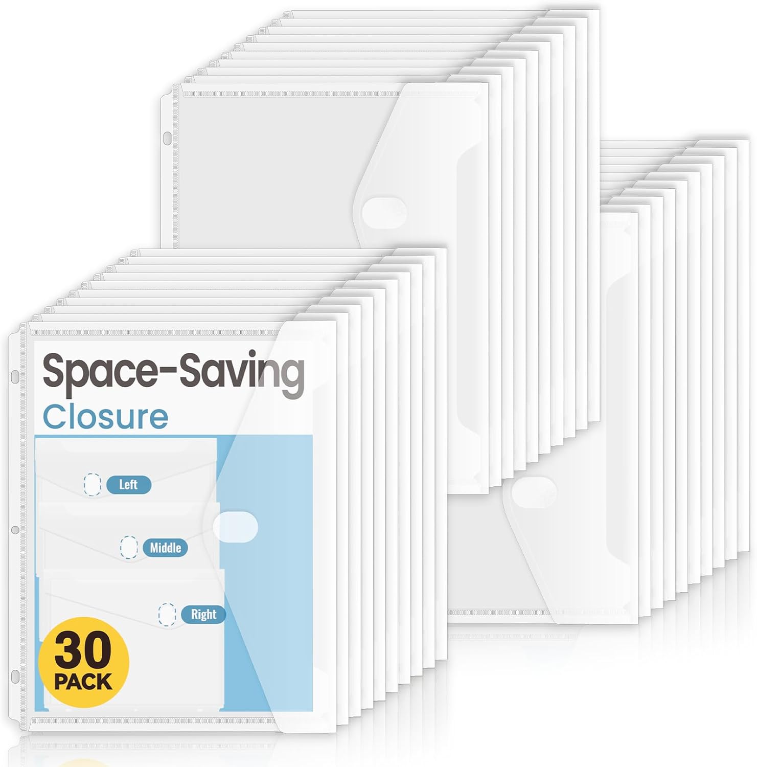 Sooez 30 Pack Binder Folders with Space-Saving Closure, Super Heavyweight Binder Pockets for 3 Ring Binder, High Capacity Clear Binder Pouch, Side Loading, 3 Ring Folders with Pockets, Letter Size-0