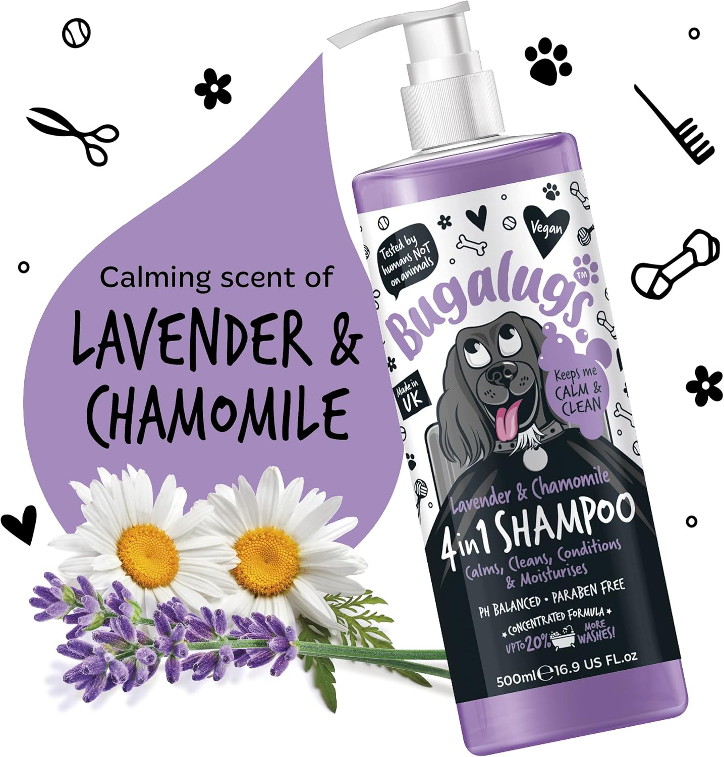 Dog Shampoo by Bugalugs lavender & chamomile 4 in 1 dog grooming shampoo products for smelly dogs with fragrance, best puppy shampoo, Vegan pet shampoo & conditioner-1