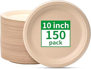 RACETOP Compostable Paper Plates 10 Inch [150 Pack], Disposable Biodegradable Heavy Duty Paper Plates, Made of Natural Sugarcane Fibers, Unbleached Brown, Round