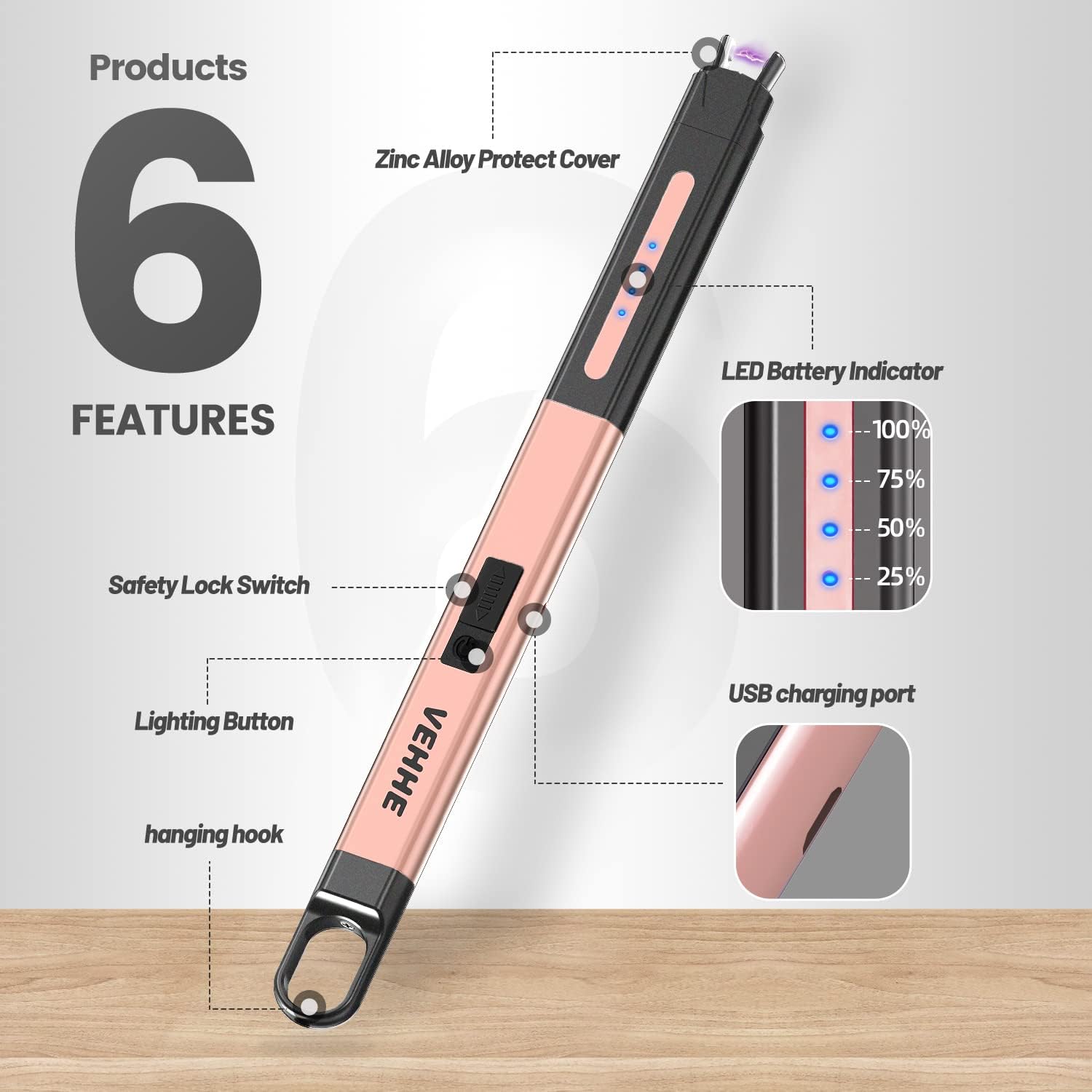 VEHHE Candle Lighter, Electric Lighter Rechargeable with Safety Lock and LED Battery Display, USB Long Lighter for Candle, Windproof & Flameless Arc Lighter Rose Gold-2