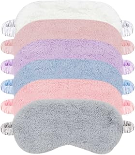 6 Pieces Plush Eye Mask Soft Fluffy Furry Sleeping Blindfold Comfortable Satin Back New Faux Fur Nap Eye Cover Light Sleep Eye Masks for Girls Women Kid Adult Party Eyeshade Favors (6 Colors)