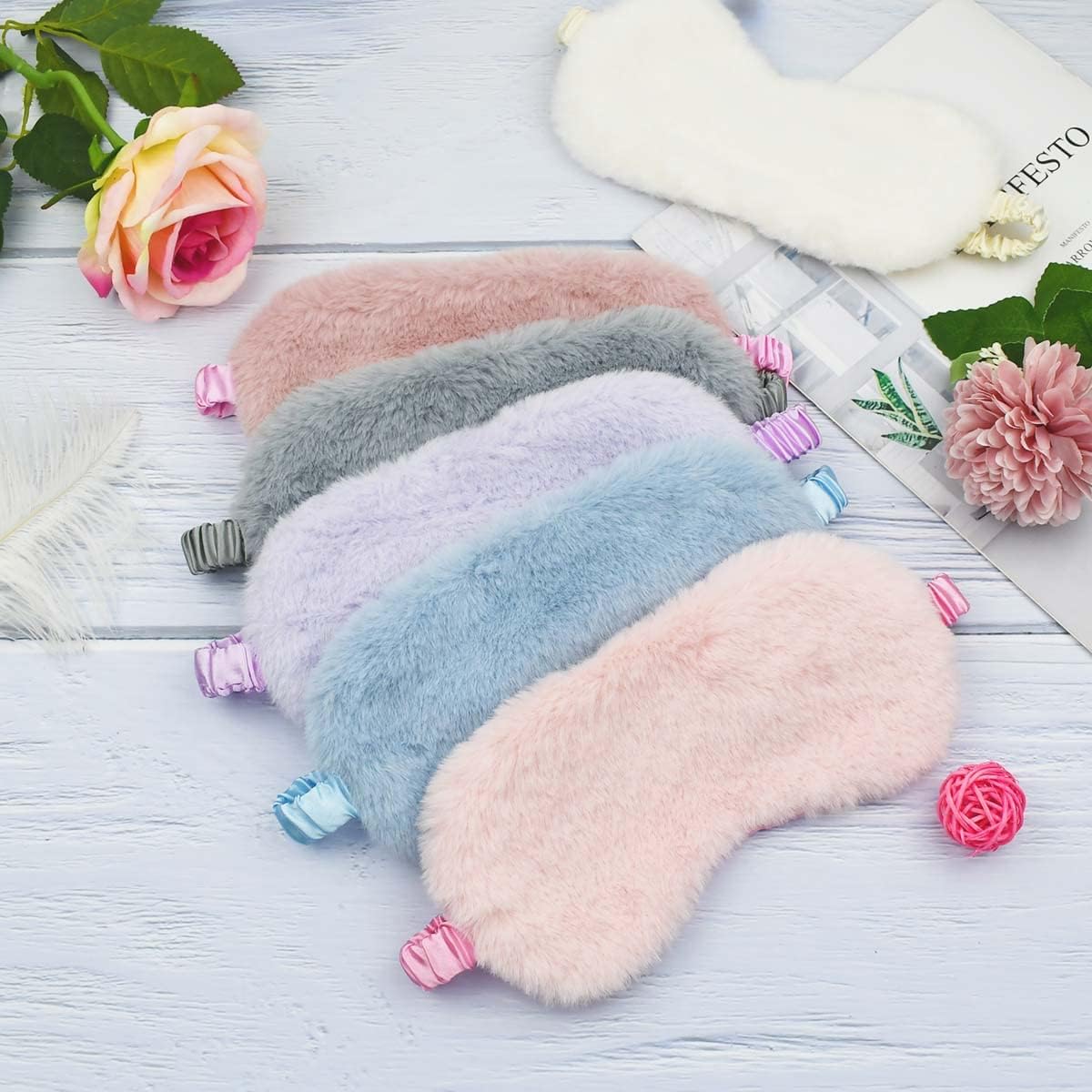 6 Pieces Plush Eye Mask Soft Fluffy Furry Sleeping Blindfold Comfortable Satin Back New Faux Fur Nap Eye Cover Light Sleep Eye Masks for Girls Women Kid Adult Party Eyeshade Favors (6 Colors)-6