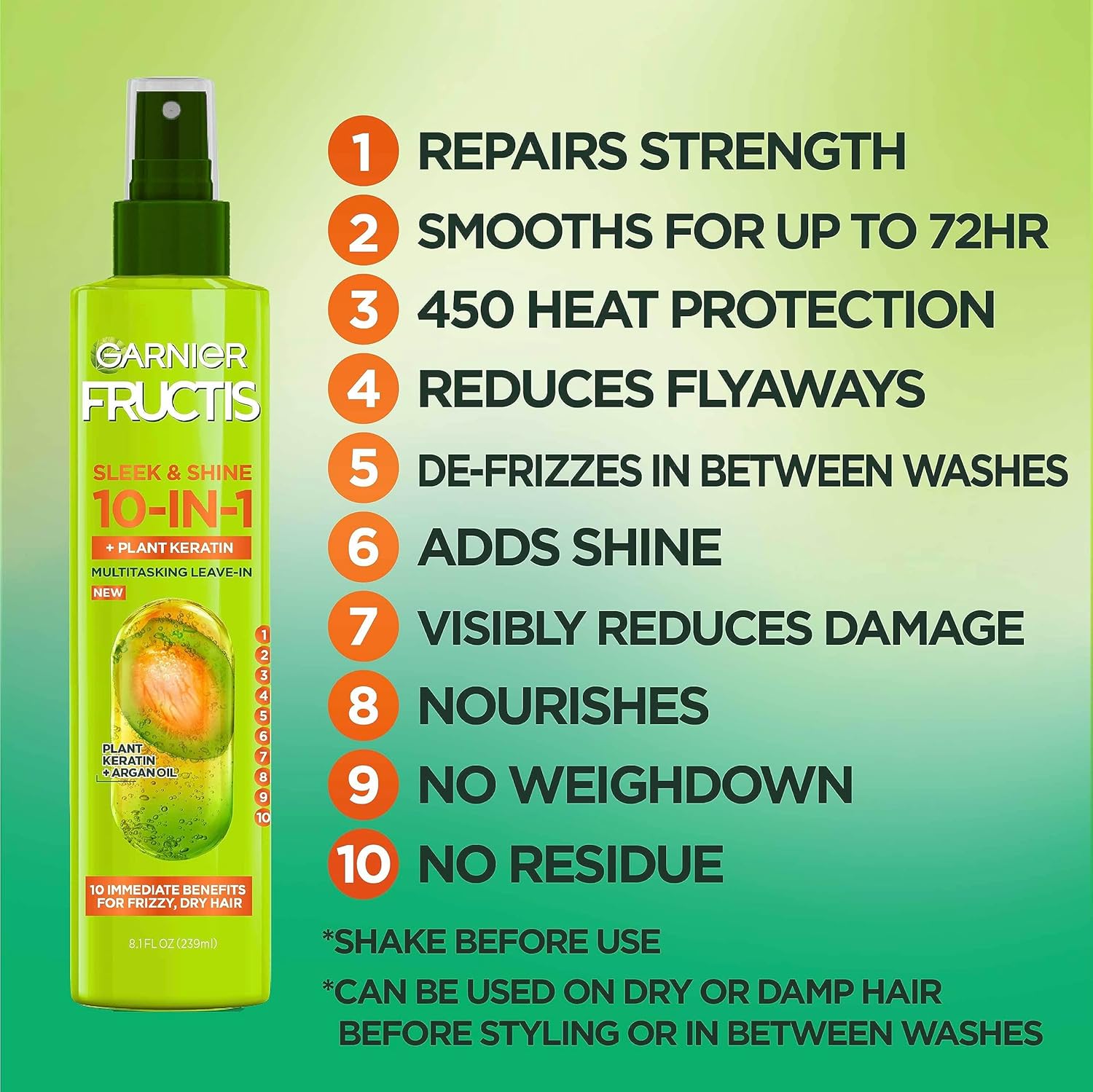 Garnier Fructis Sleek & Shine 10-in-1 for Frizzy, Dry Hair, Plant Keratin, 8.1 Fl Oz, 1 Count (Packaging May Vary)-3