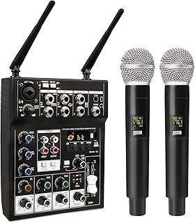 G-MARK Professional Karaoke Audio Mixer, 5 Channel Sound Mixer With Dual UHF Wireless Mic, Sound Board Console MP3 Bluetooth 48V Phantom Power USB Interface DJ Mixing for DJ Party Studio PC Recording