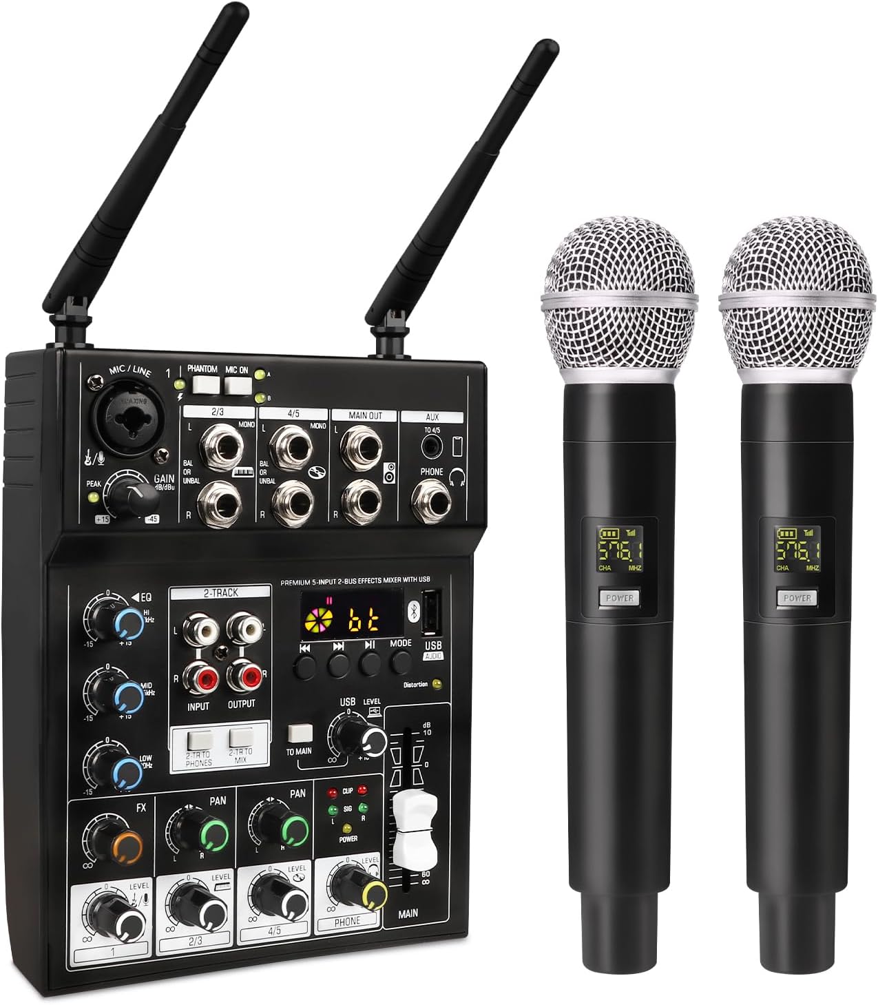 G-MARK Professional Karaoke Audio Mixer, 5 Channel Sound Mixer With Dual UHF Wireless Mic, Sound Board Console MP3 Bluetooth 48V Phantom Power USB Interface DJ Mixing for DJ Party Studio PC Recording-0