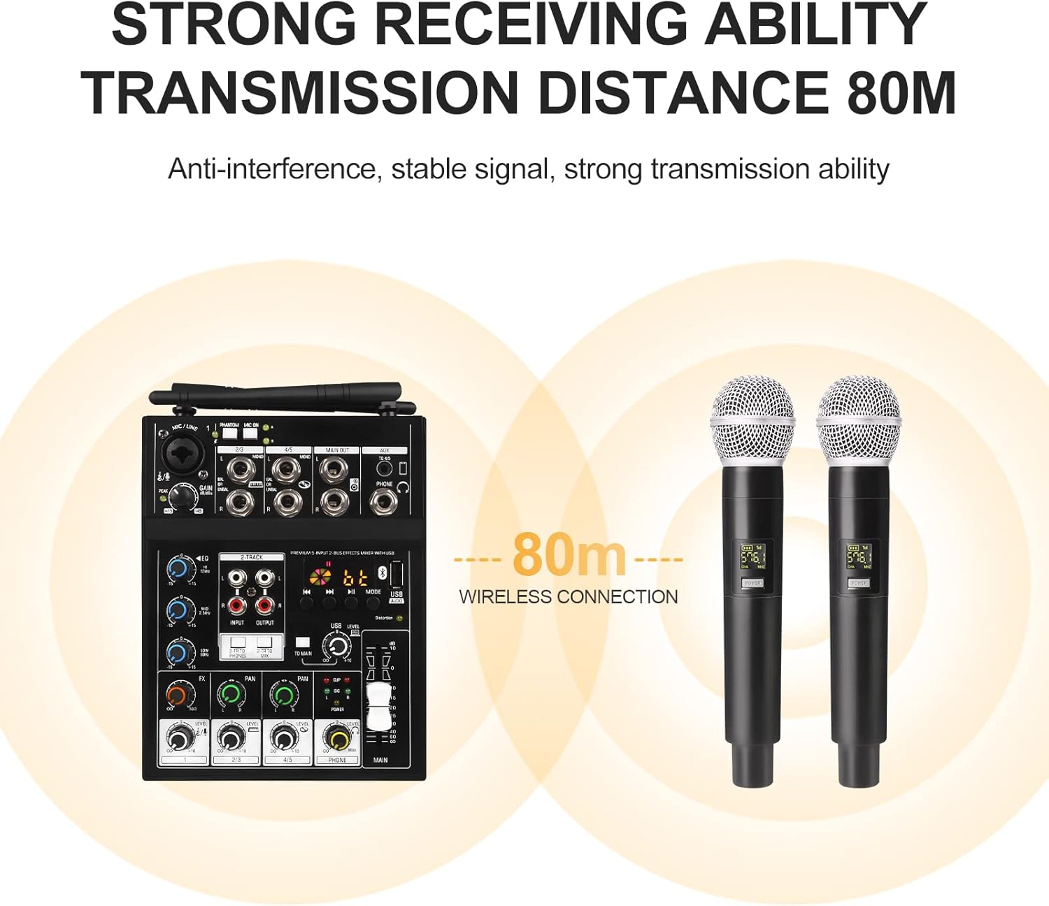 G-MARK Professional Karaoke Audio Mixer, 5 Channel Sound Mixer With Dual UHF Wireless Mic, Sound Board Console MP3 Bluetooth 48V Phantom Power USB Interface DJ Mixing for DJ Party Studio PC Recording-4