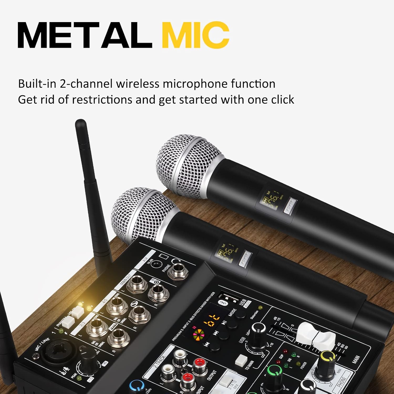 G-MARK Professional Karaoke Audio Mixer, 5 Channel Sound Mixer With Dual UHF Wireless Mic, Sound Board Console MP3 Bluetooth 48V Phantom Power USB Interface DJ Mixing for DJ Party Studio PC Recording-6