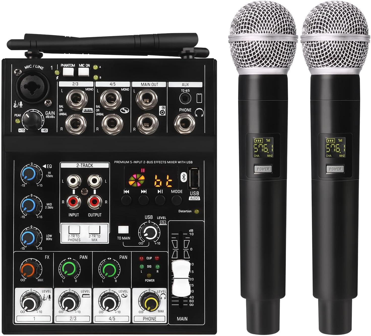 G-MARK Professional Karaoke Audio Mixer, 5 Channel Sound Mixer With Dual UHF Wireless Mic, Sound Board Console MP3 Bluetooth 48V Phantom Power USB Interface DJ Mixing for DJ Party Studio PC Recording-7