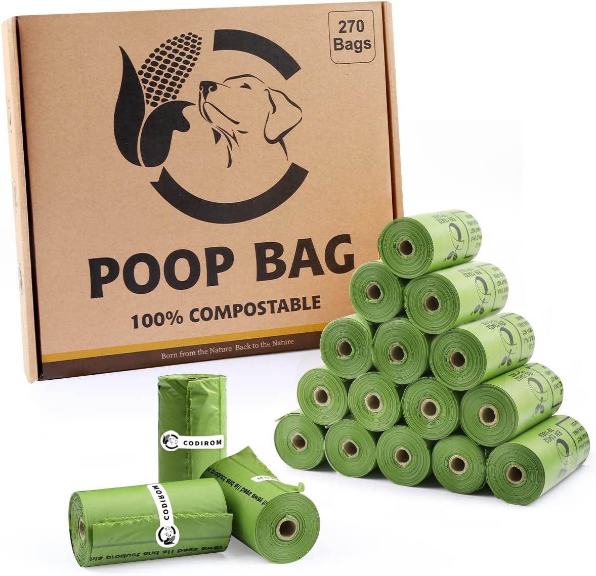 Certified Compostable Dog Poop Bags, 270 Count Landfill Friendly and Leakproof Dog Waste Bags, Easy Open Unscented Forest Green Poop Bag for Dog, 15 Doggy Bags Per Roll (18 rolls)-0