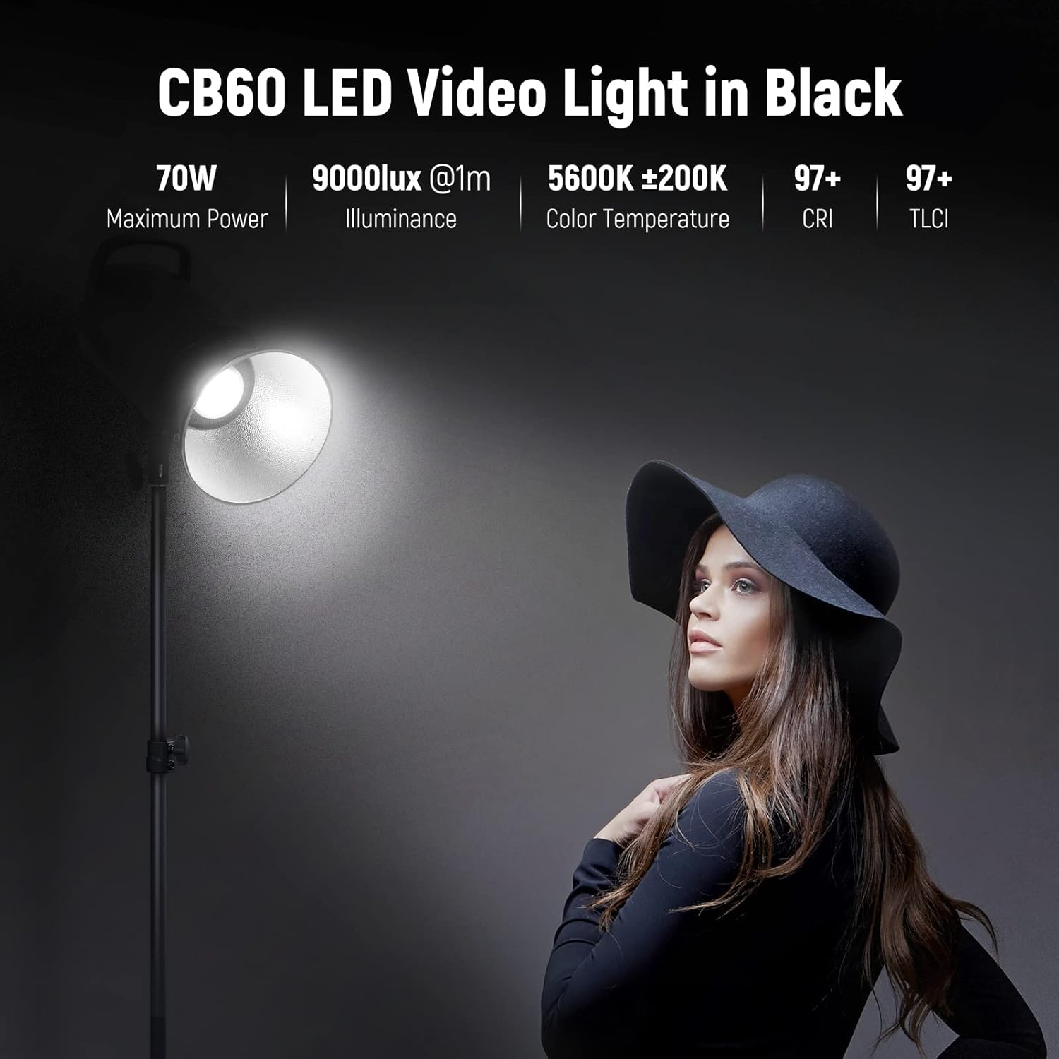 NEEWER Upgraded CB60 70W LED Video Light, 5600K Daylight COB Continuous Output Lighting with Bowens Mount/2.4G Remote CRI/TLCI97+ 9000Lux/1m for Studio/Outdoor Photography Videos Recording (Black)-1