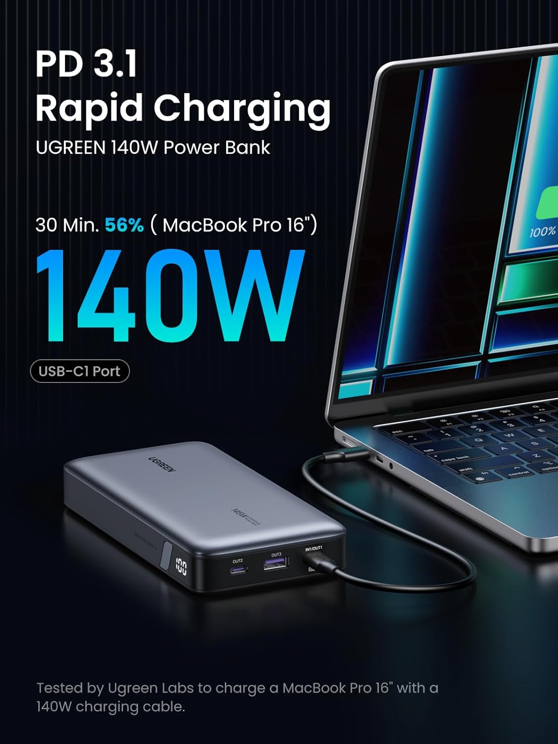 UGREEN Power Bank 25,000mAh 145W Laptop Portable Charger, Nexode 3-Port USB C PD Battery Pack, for MacBook Pro/Air, Dell XPS, iPhone 16/15/14, Galaxy S24, Steam Deck, iPad, and More-2