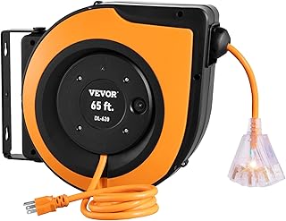 VEVOR Retractable Extension Cord Reel, 65 FT, Heavy Duty 12AWG/3C SJTOW Power Cord, with Lighted Triple Tap Outlet, 15 Amp Circuit Breaker, 180° Swivel Bracket for Ceiling or Wall Mount