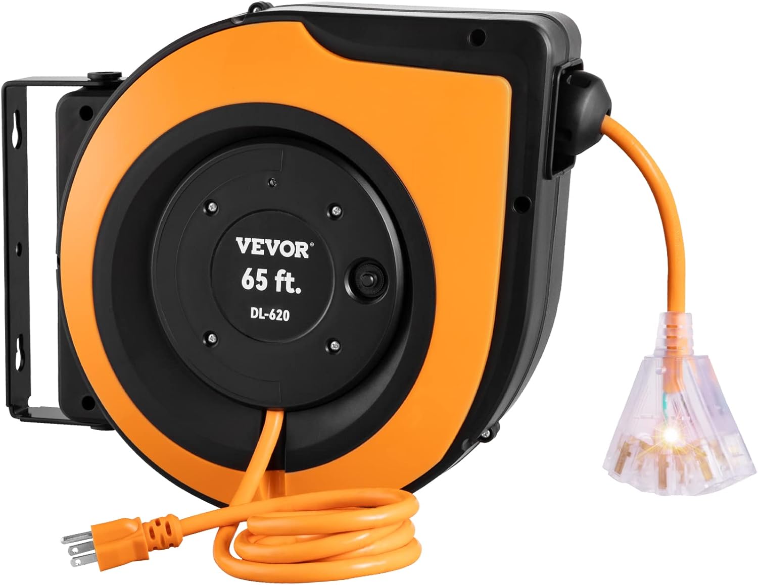 VEVOR Retractable Extension Cord Reel, 65 FT, Heavy Duty 12AWG/3C SJTOW Power Cord, with Lighted Triple Tap Outlet, 15 Amp Circuit Breaker, 180° Swivel Bracket for Ceiling or Wall Mount-0