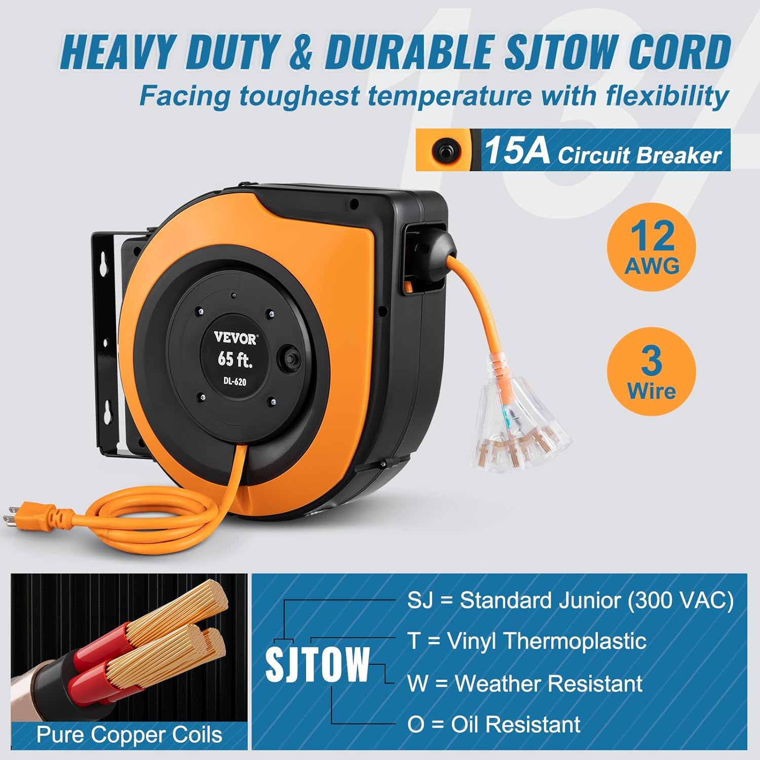 VEVOR Retractable Extension Cord Reel, 65 FT, Heavy Duty 12AWG/3C SJTOW Power Cord, with Lighted Triple Tap Outlet, 15 Amp Circuit Breaker, 180° Swivel Bracket for Ceiling or Wall Mount-2