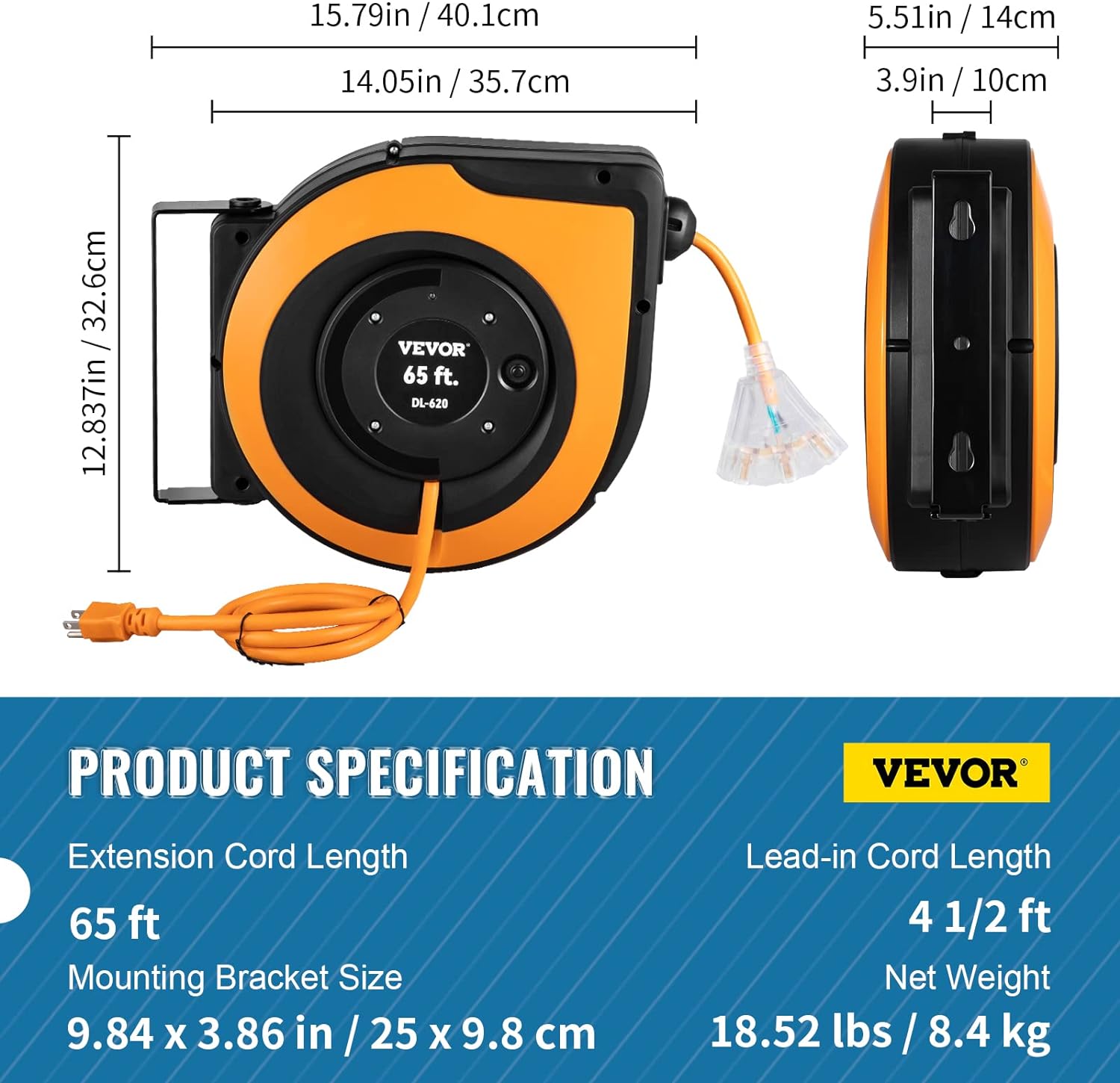 VEVOR Retractable Extension Cord Reel, 65 FT, Heavy Duty 12AWG/3C SJTOW Power Cord, with Lighted Triple Tap Outlet, 15 Amp Circuit Breaker, 180° Swivel Bracket for Ceiling or Wall Mount-6