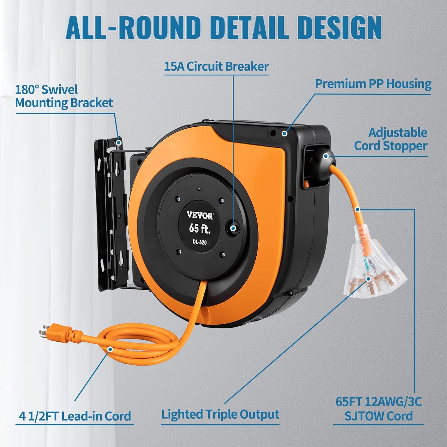 VEVOR Retractable Extension Cord Reel, 65 FT, Heavy Duty 12AWG/3C SJTOW Power Cord, with Lighted Triple Tap Outlet, 15 Amp Circuit Breaker, 180° Swivel Bracket for Ceiling or Wall Mount-7