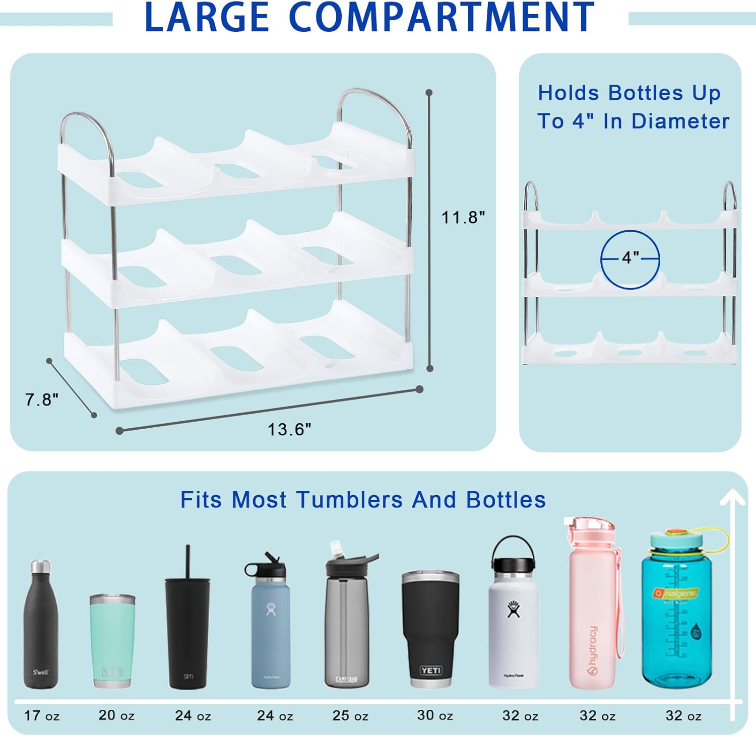 LANDNEOO Stackable Water Bottle Organizer Holder - for Stanley & Others' Large Tumbler Organization - White Plastic Wine Rack, Bottle Holder for Home Countertop Fridge Pantry Shelf, 3 Tier Hold 9-1