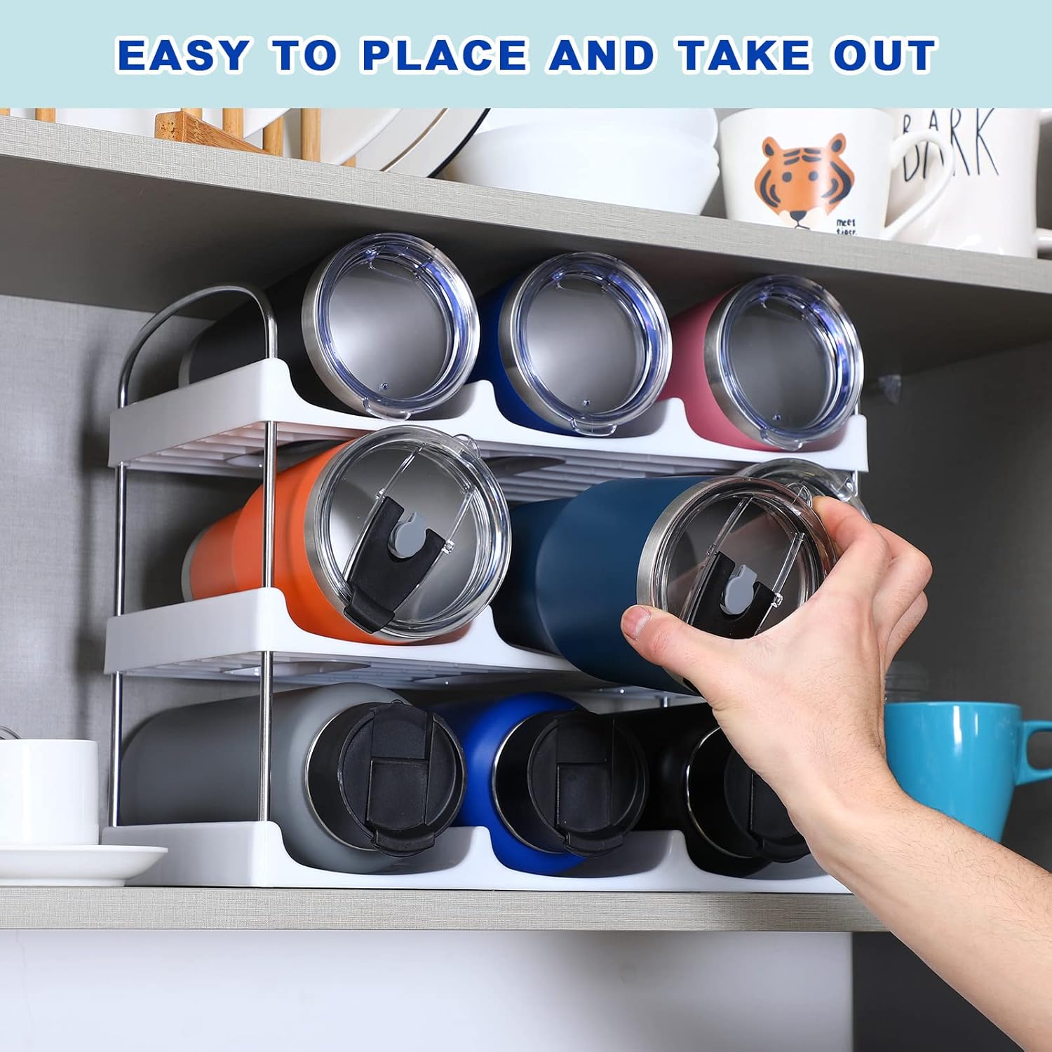 LANDNEOO Stackable Water Bottle Organizer Holder - for Stanley & Others' Large Tumbler Organization - White Plastic Wine Rack, Bottle Holder for Home Countertop Fridge Pantry Shelf, 3 Tier Hold 9-3