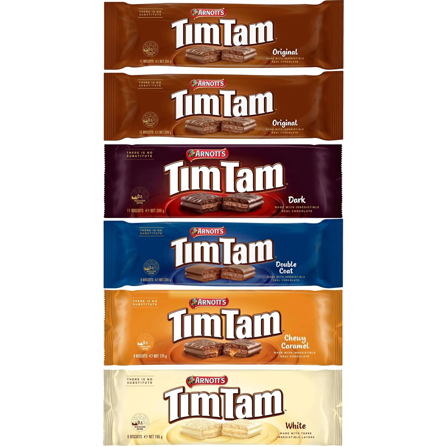 Tim Tam Chocolate Biscuits - 6 Pack - 2 x Original, 1 x Dark, 1 x Double Coat, 1 x Chewy Caramel, 1 x White - Made in Australia-0