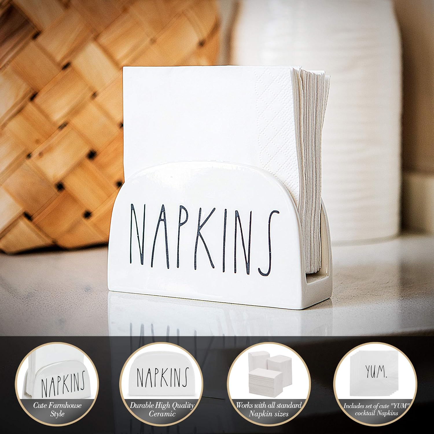 Farmhouse Napkin Holder for Table by Brighter Barns - Ceramic White Napkin Holder - Cute Cocktail Napkin Holders for Kitchen Table - Modern Rustic Napkin Holders for Tables or Farmhouse Decor (Large)-4