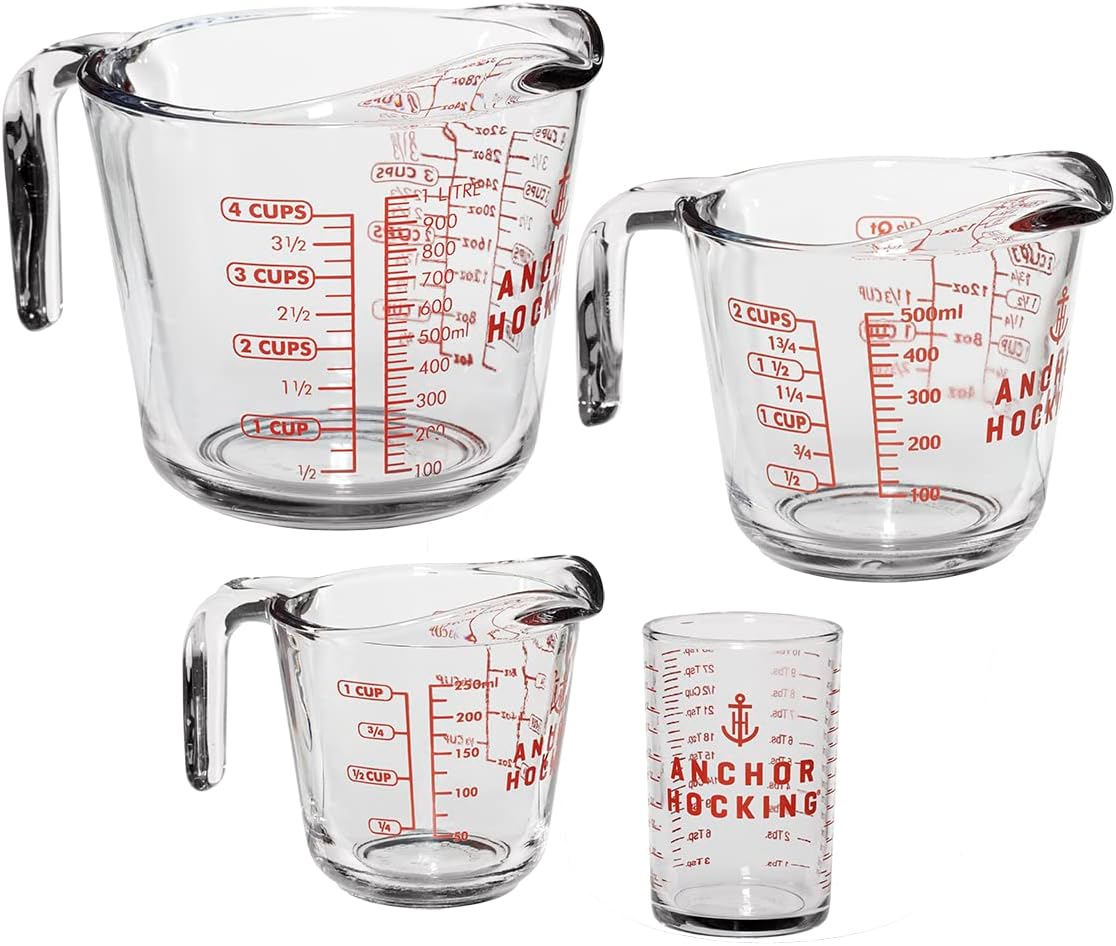 Anchor Hocking Glass Measuring Cups, 4 Piece Set (5 Ounce, 1 Cup, 2 Cup, 4 Cup liquid measuring cups)-0