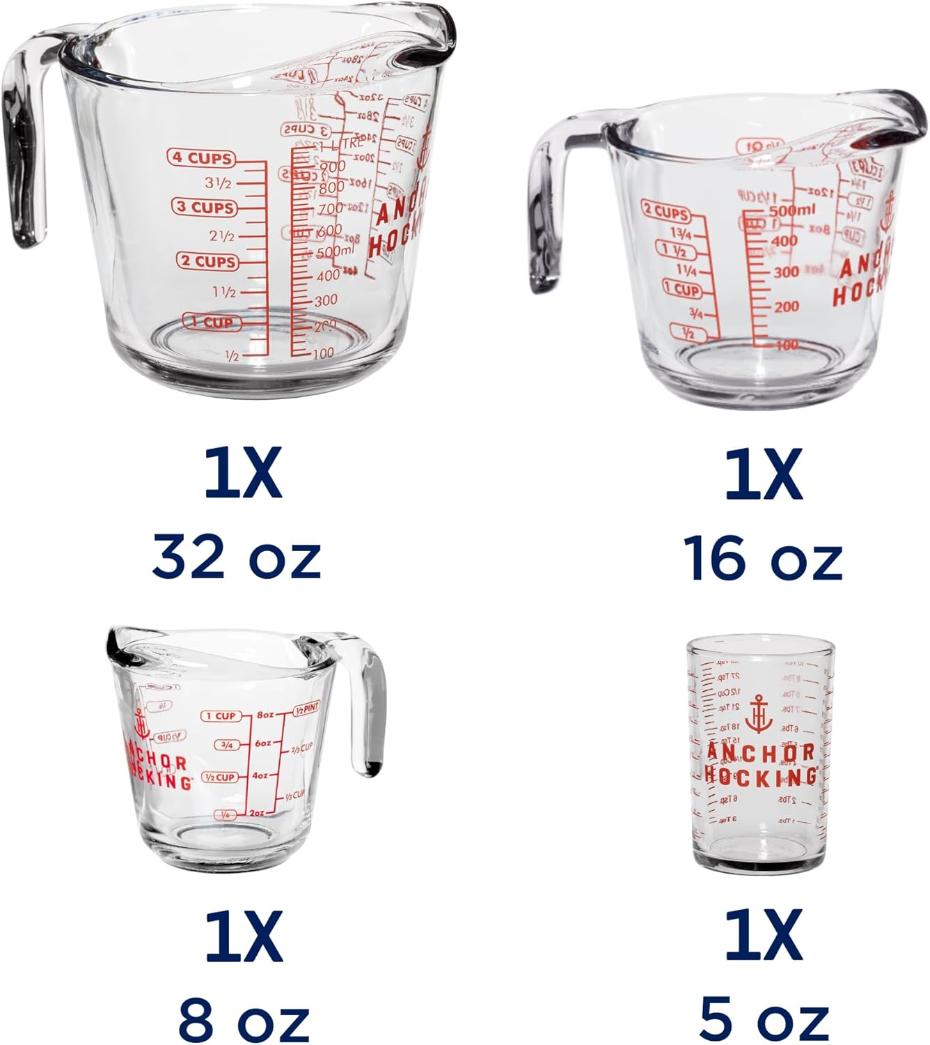 Anchor Hocking Glass Measuring Cups, 4 Piece Set (5 Ounce, 1 Cup, 2 Cup, 4 Cup liquid measuring cups)-1