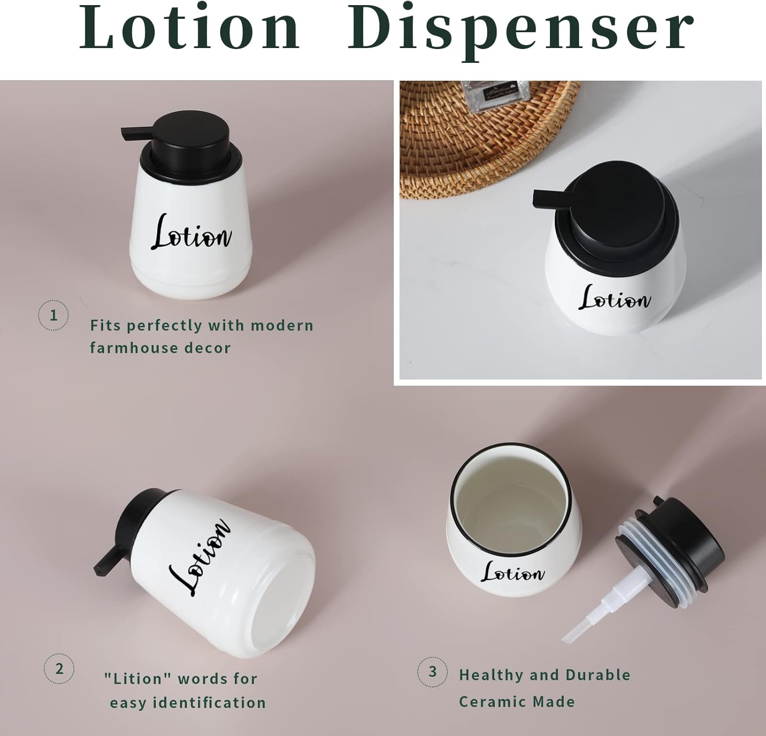 Bathroom Countertop Dispensers-Modern Ceramic Soap Lotion Dispenser Bottles, Hand Soap Dispenser for Bathroom, Dish Soap Dispenser for Kitchen, Easy-to-Press Pump (White, Labeled Lotion)-1