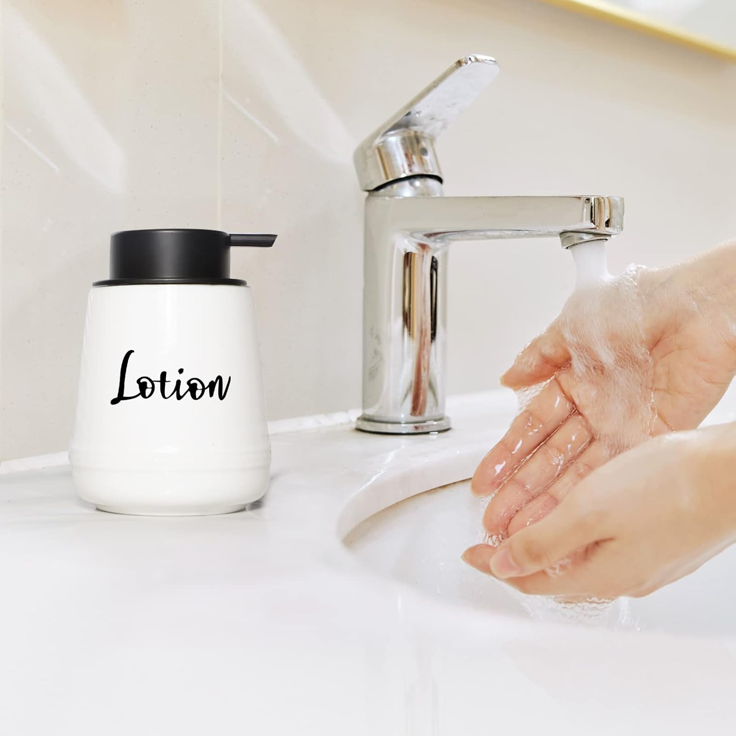 Bathroom Countertop Dispensers-Modern Ceramic Soap Lotion Dispenser Bottles, Hand Soap Dispenser for Bathroom, Dish Soap Dispenser for Kitchen, Easy-to-Press Pump (White, Labeled Lotion)-6