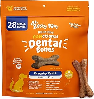 Zesty Paws Dental Bones - Fights Tartar & Plaque - Gum, Teeth & Bone Health - Cinnamon for Dog Breath - Immune, Joint, Gut, Skin & Coat Support - Omega 3 EPA & DHA and Calcium - Small Dogs - 28 ct…