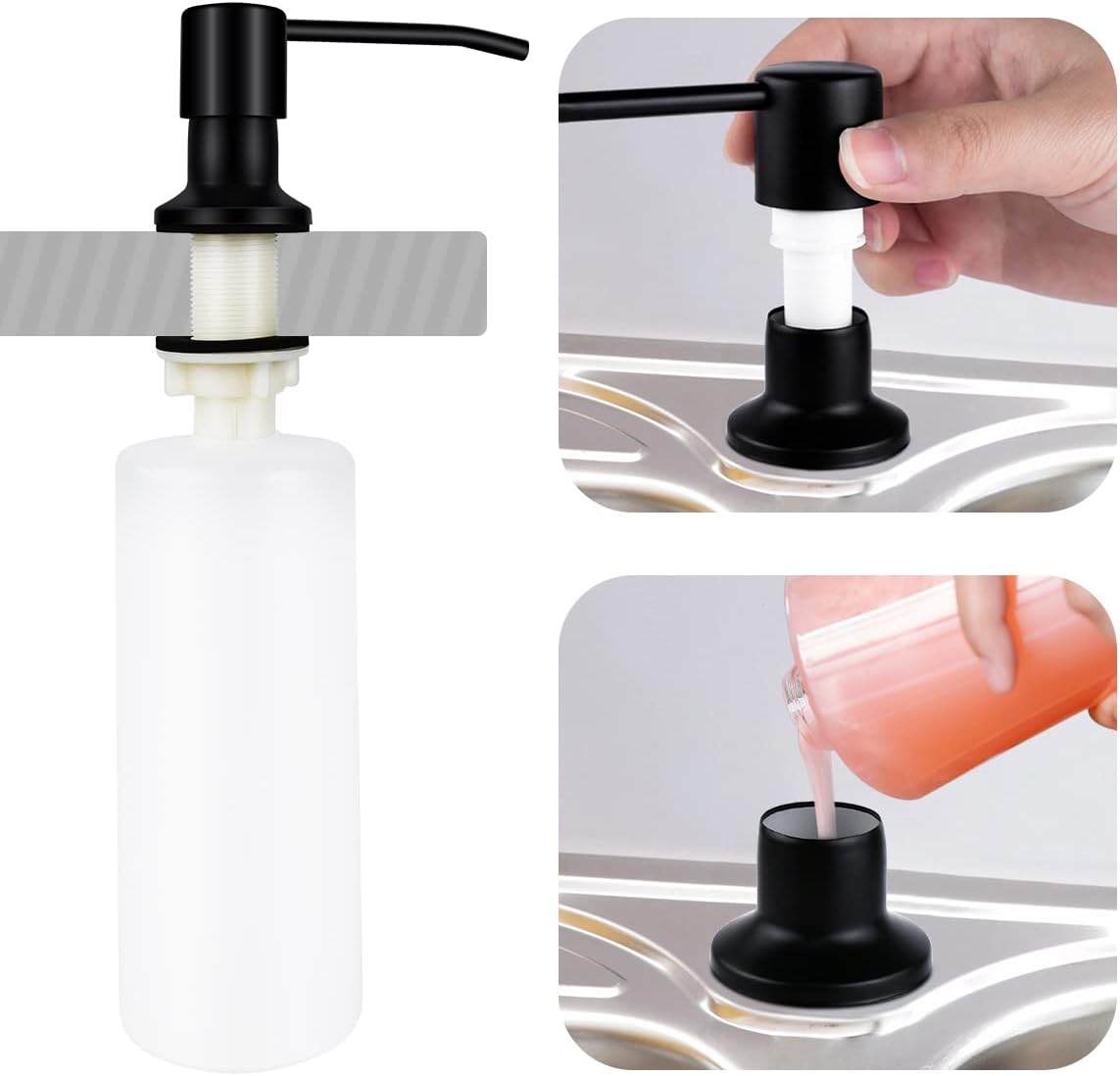 1 Pcs Soap Dispenser for Kitchen Sink Stainless Steel Built in Soap Dispenser Countertop Pump Head with 17OZ Large Liquid Bottle fit Kitchen Bathroom (Black)-2