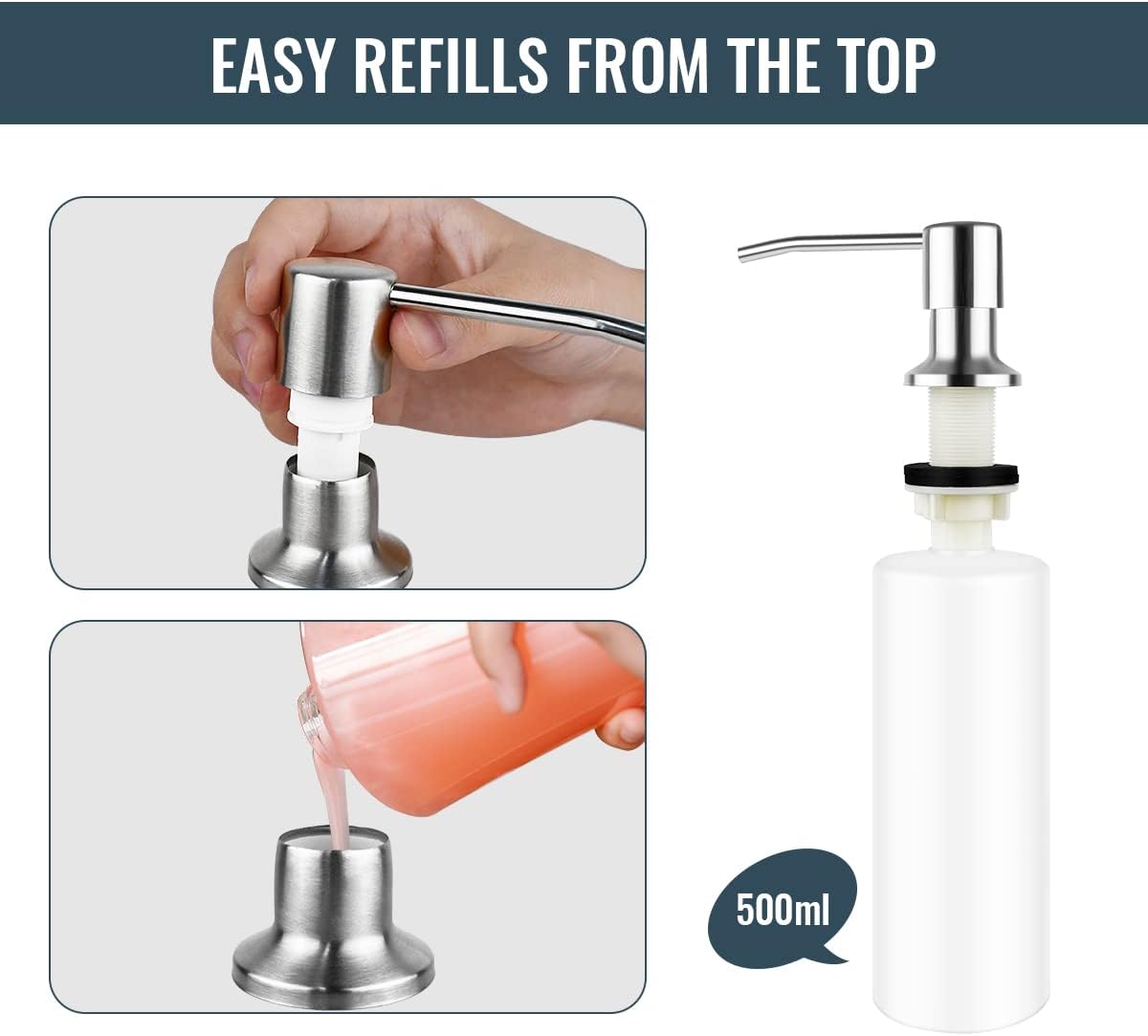 1 Pcs Soap Dispenser for Kitchen Sink Stainless Steel Built in Soap Dispenser Countertop Pump Head with 17OZ Large Liquid Bottle fit Kitchen Bathroom (Silver)-2