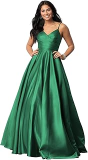 TIRAS Spaghetti V Neck Prom Dresses for Women Long Ball Gown Ruched Satin Evening Party Gown with Pockets CM139