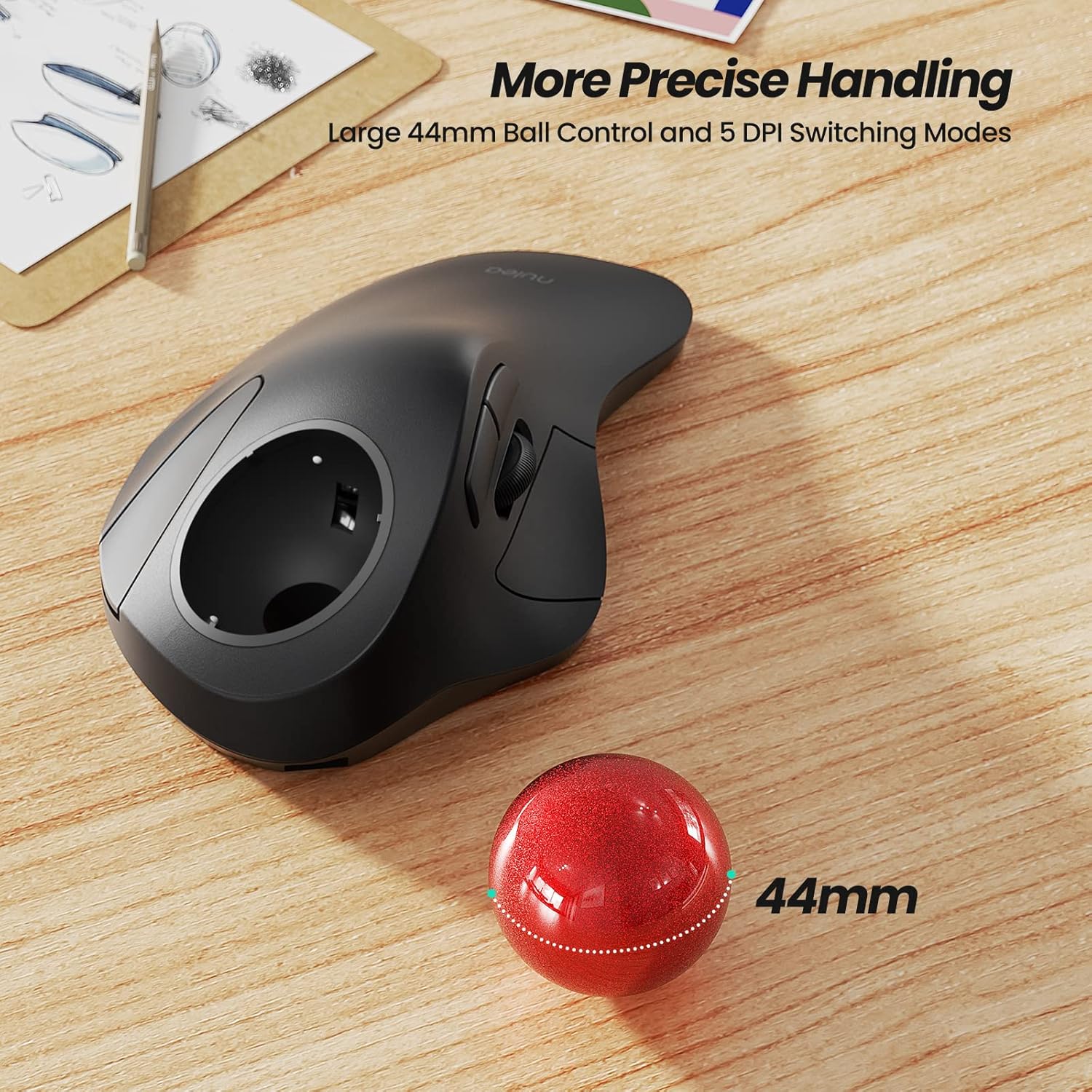 Nulea Wireless Ergonomic Trackball Mouse, Rechargeable, Bluetooth Rollerball Mouse, 44mm Index Finger Trackball, 5 Adjustable DPI, Compatible with PC, Laptop, Mac-3