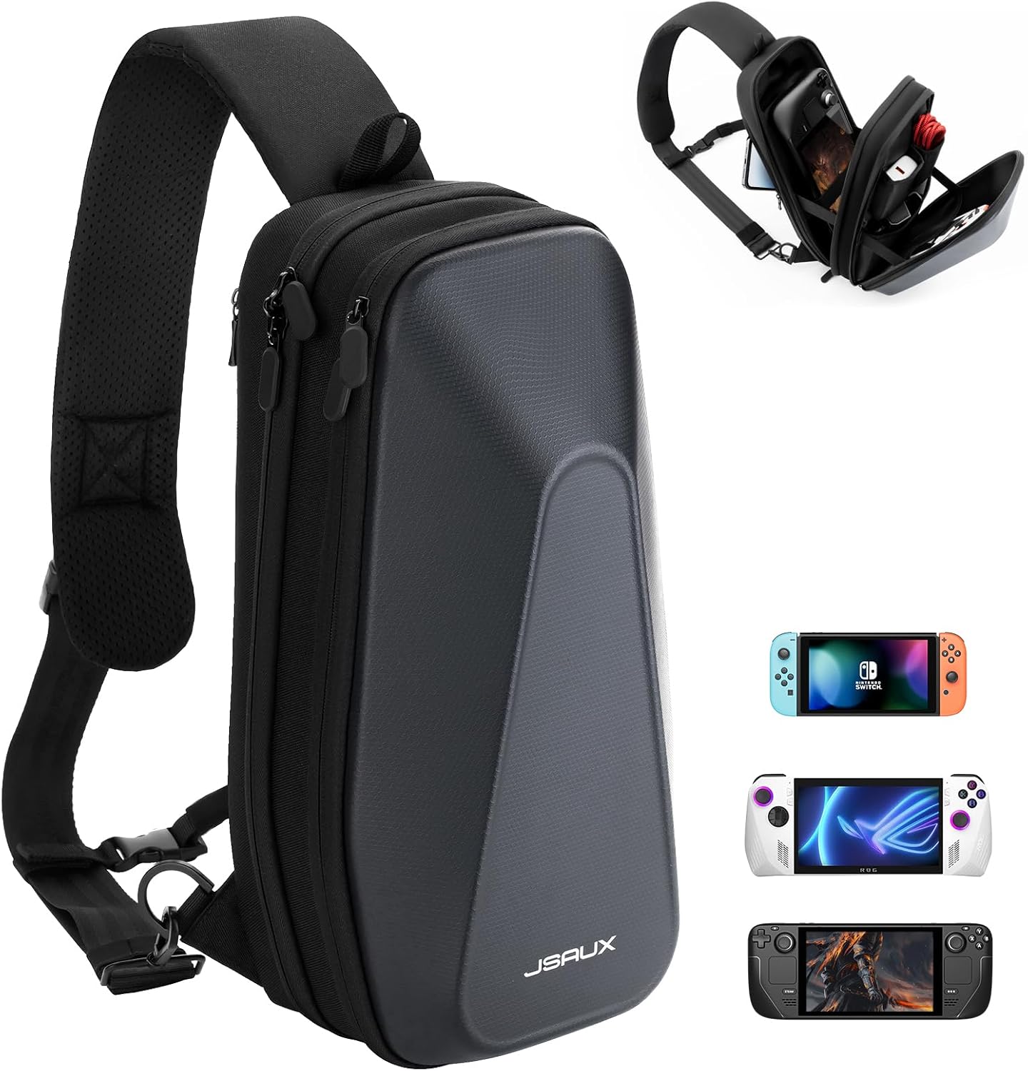 JSAUX Sling Bag for Steam Deck/ROG Ally/Steam Deck OLED, Carrying Case with EVA Hard Shell, Double-layer Bag For Switch,Steam Deck Docking Station&Accessories Cross Body Bag for Travel-BG0105A-1