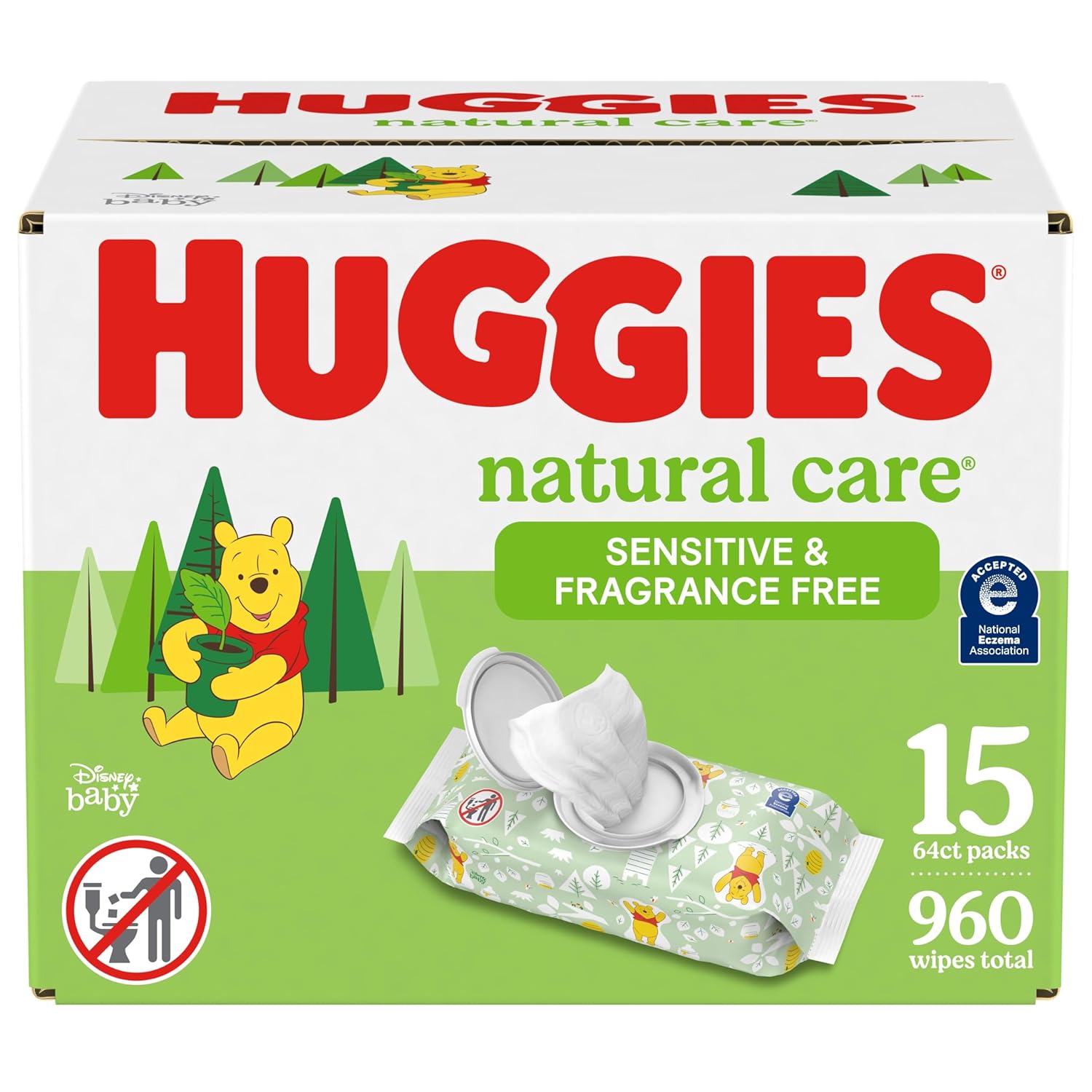 Huggies Natural Care Sensitive Baby Wipes, Unscented, Hypoallergenic, 99% Purified Water, 15 Flip-Top Packs (960 Wipes Total)-0