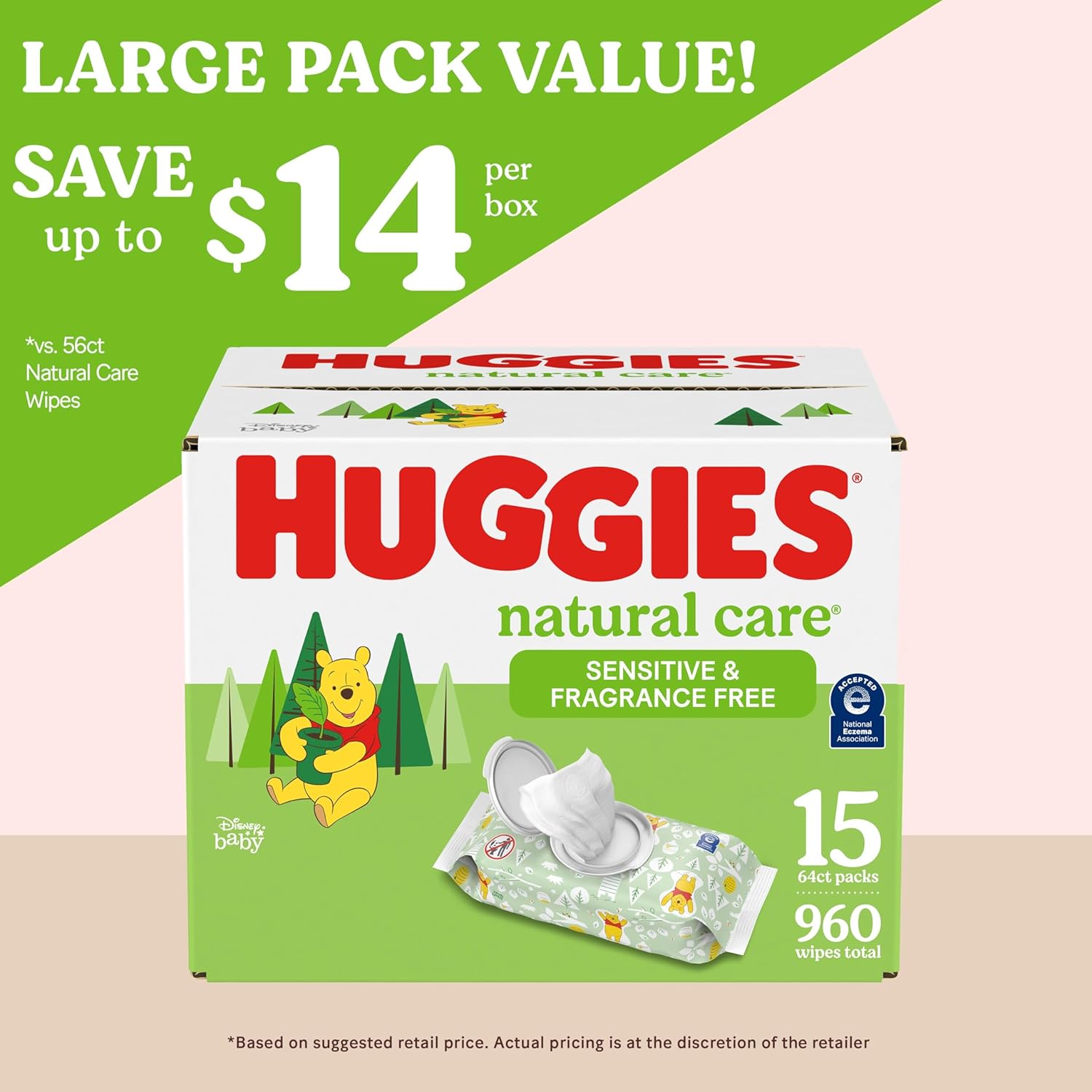 Huggies Natural Care Sensitive Baby Wipes, Unscented, Hypoallergenic, 99% Purified Water, 15 Flip-Top Packs (960 Wipes Total)-1