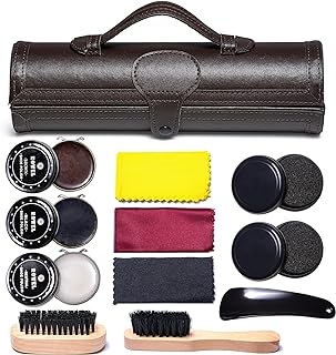 YUET 12pc Shoe Polish Kit Cleaning Shine Care Barrel Set For Brown Black Leather With Brush Travel Case