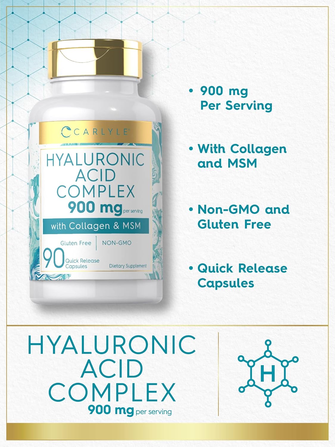 Carlyle Hyaluronic Acid with Collagen 900mg | 90 Capsules | with MSM | Hydrolyzed Collagen Complex | Non-GMO, Gluten Free Supplement-2