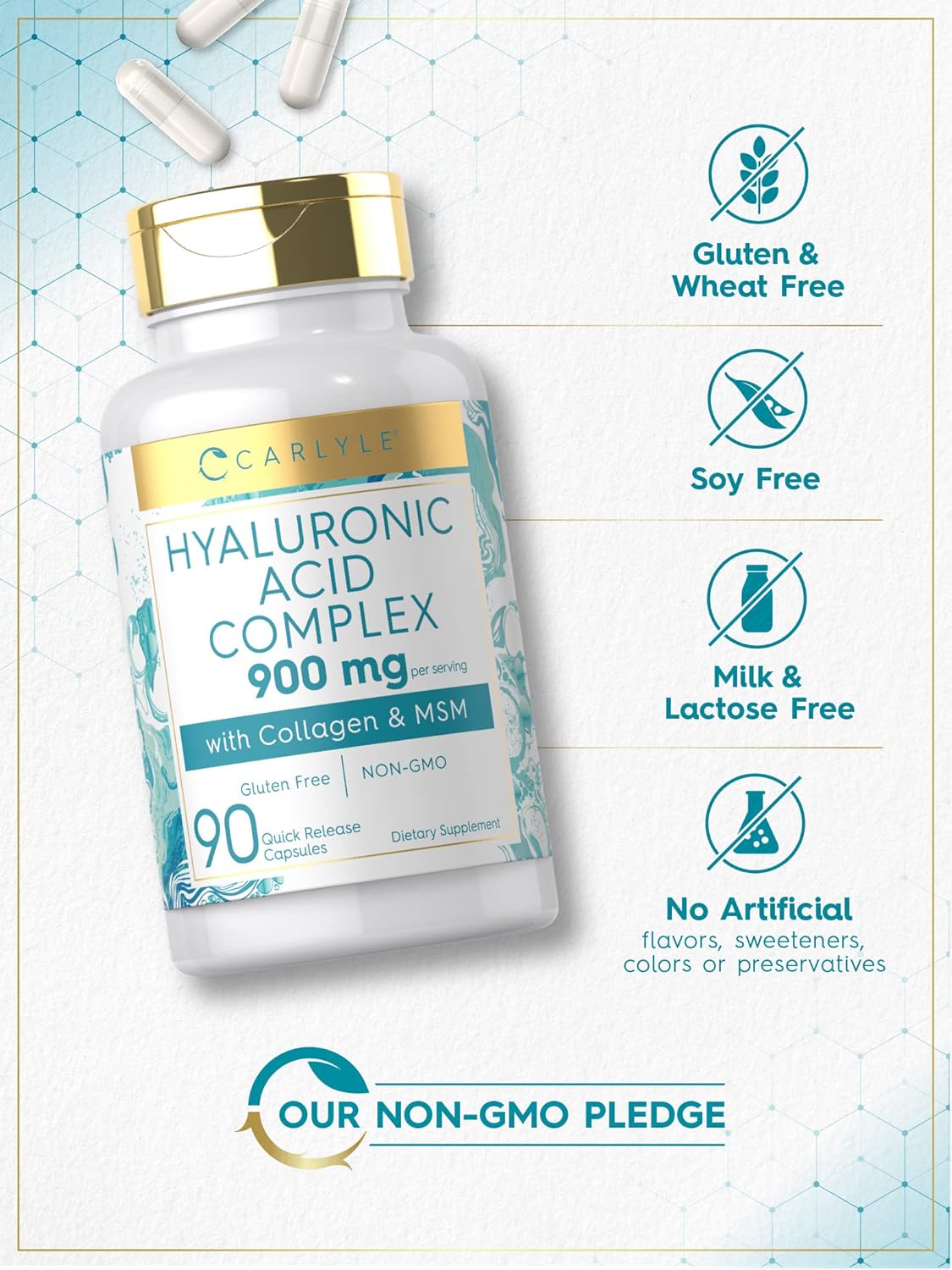 Carlyle Hyaluronic Acid with Collagen 900mg | 90 Capsules | with MSM | Hydrolyzed Collagen Complex | Non-GMO, Gluten Free Supplement-3