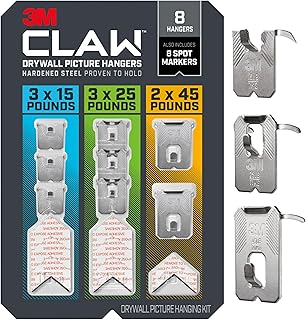 3M CLAW 15, 25 and 45 lb. Drywall Picture Hanger Variety Pack With Spot Markers, Heavyweight Hanging Solution for Room Decor and Office Decor, Including Mirrors or Large Art – 8 Pack